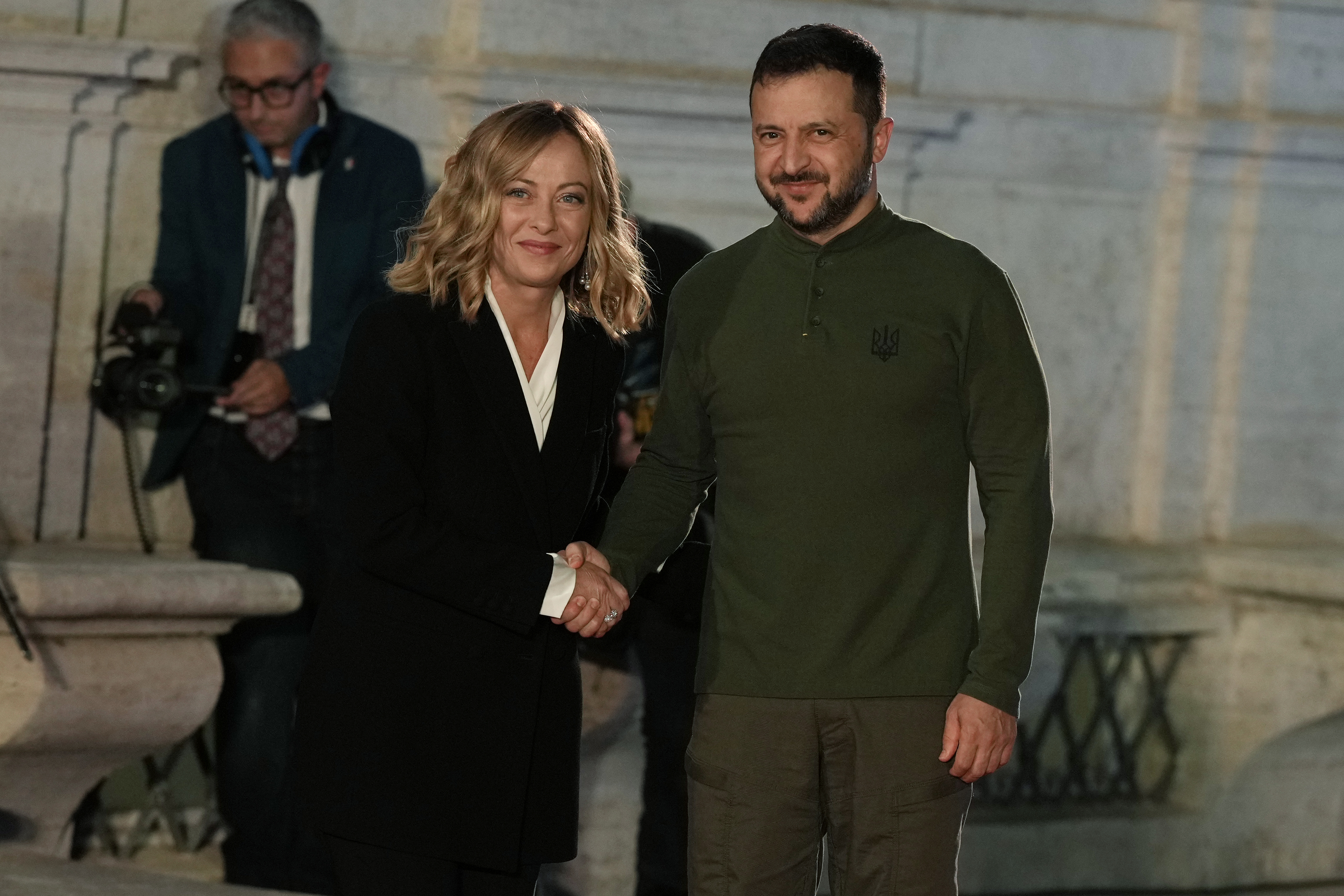 Italian Premier Giorgia Meloni, left, and Ukrainian President Volodymyr Zelenskyy meet at Villa Pamphilj, in Rome, Thursday, Oct. 10, 2024. (AP Photo/Andrew Medichini)