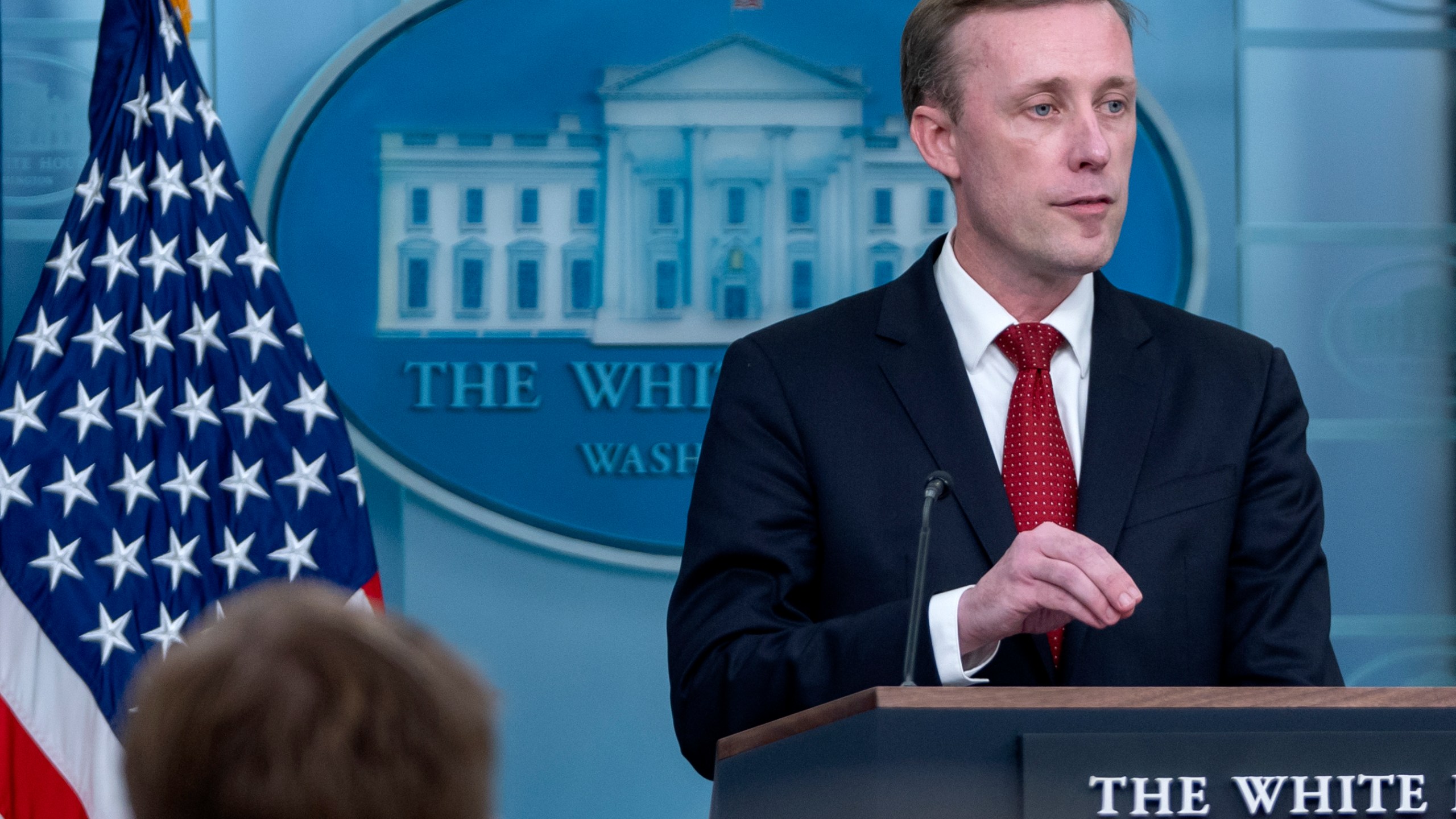 White House national security adviser Jake Sullivan speaks Tuesday, Oct. 1, 2024, during a press briefing at the White House in Washington. (AP Photo/Mark Schiefelbein)