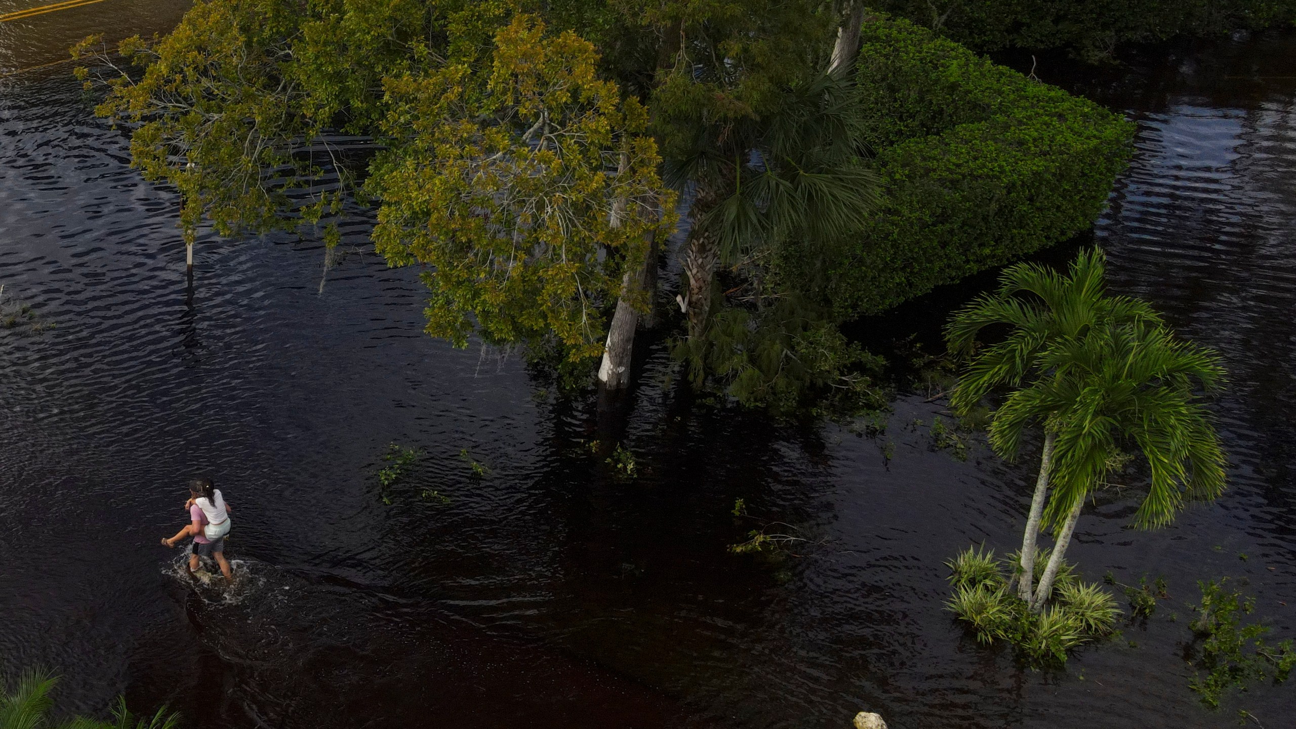 A man carries a woman on his back as they wade through floodwaters in the Tarpon Woods neighborhood of Palm Harbor, Fla., following Hurricane Milton, Friday, Oct. 11, 2024. (AP Photo/Julio Cortez)