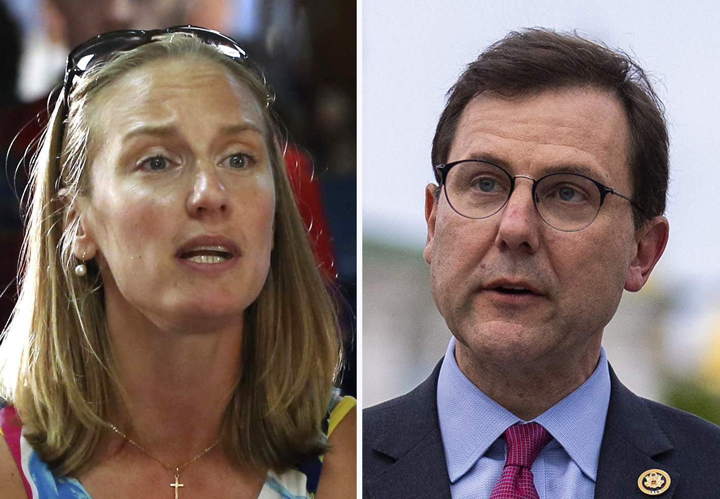 In this combination photo, Sue Altman speaks at a public forum, Aug. 23, 2016, in Bordentown, N.J., left, and Tom Kean Jr., R-N.J., speaks during a news conference in Kyiv, Ukraine, April 22, 2024. (AP Photo)