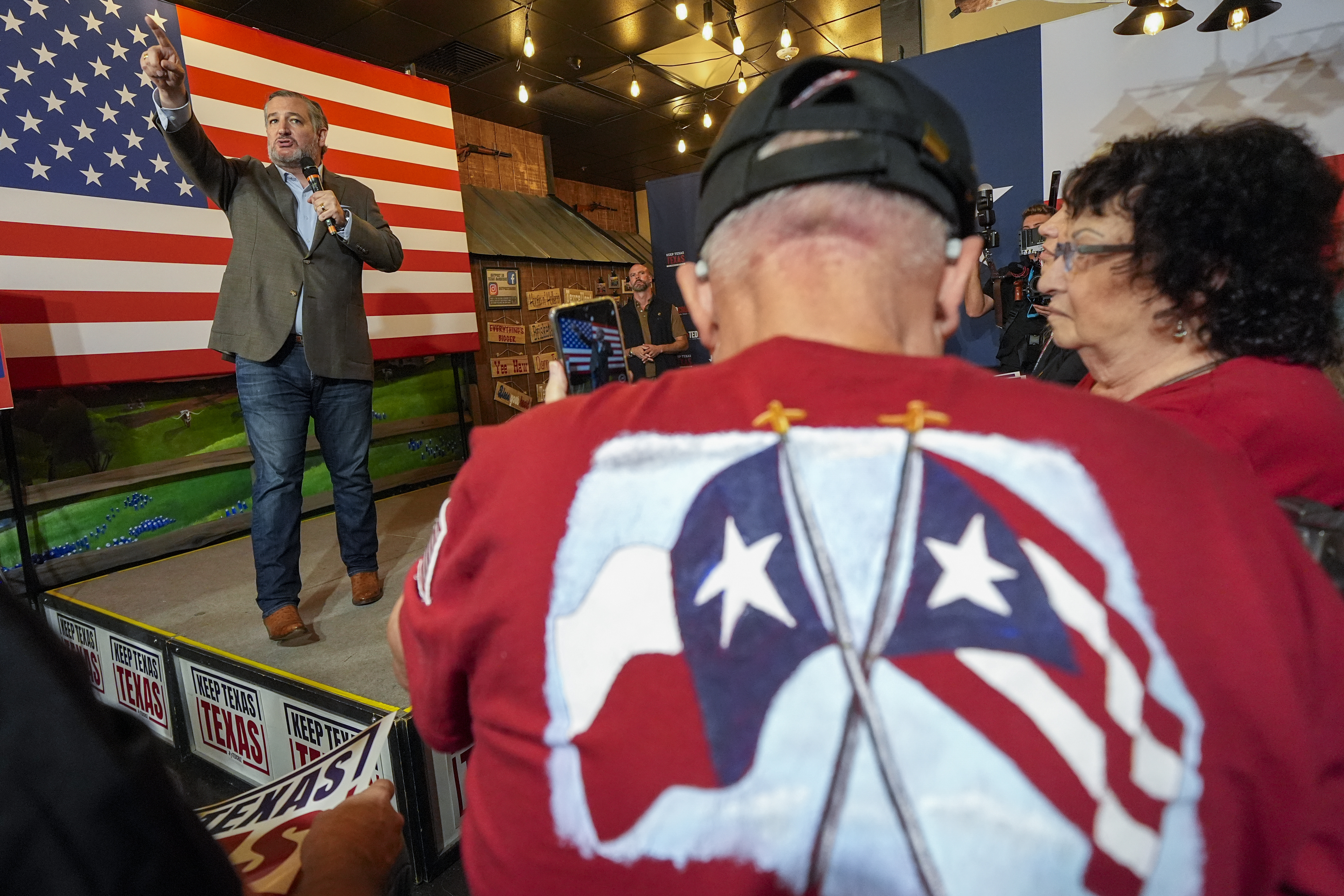 Sen. Ted Cruz, R-Texas, addresses supporters during a campaign event, Saturday, Oct. 5, 2024, in Keller, Texas. (AP Photo/Julio Cortez)