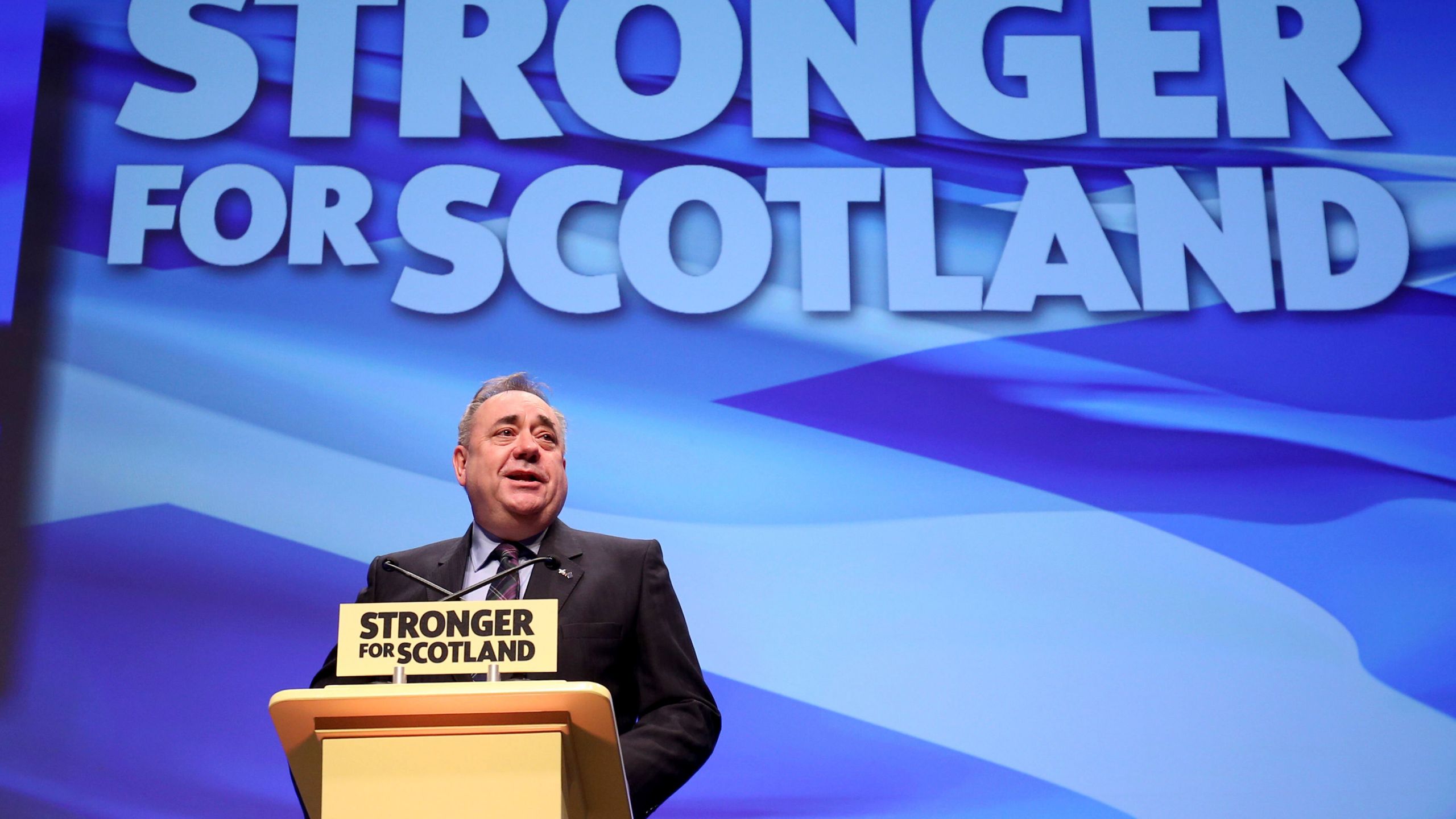 FILE - Alex Salmond speaks at the SNP conference in Glasgow on Oct. 14, 2016. (Jane Barlow/PA via AP)