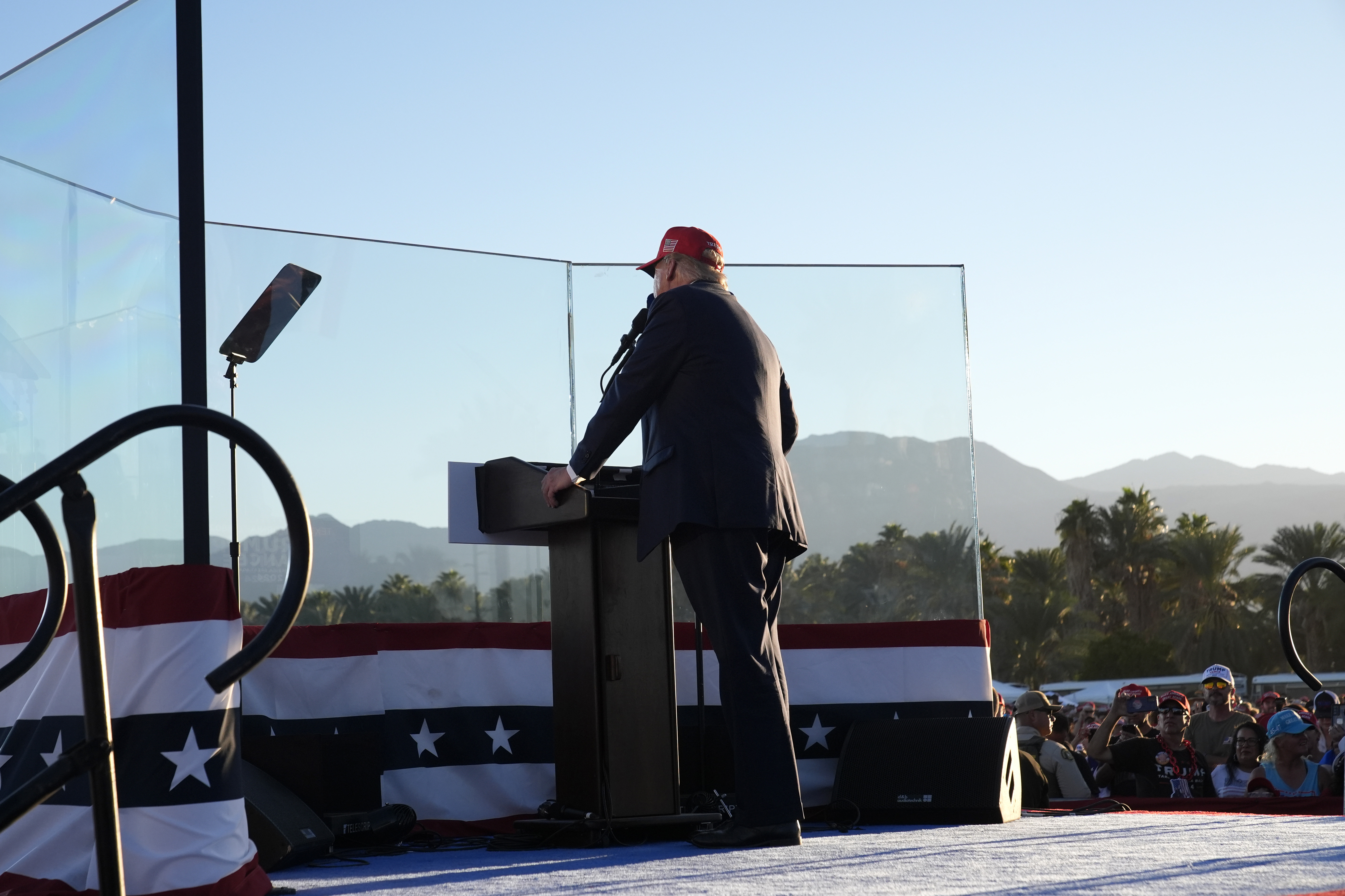 Republican presidential nominee former President Donald Trump speaks at a campaign rally at the Calhoun Ranch, Saturday, Oct. 12, 2024, in Coachella, Calif. (AP Photo/Alex Brandon)