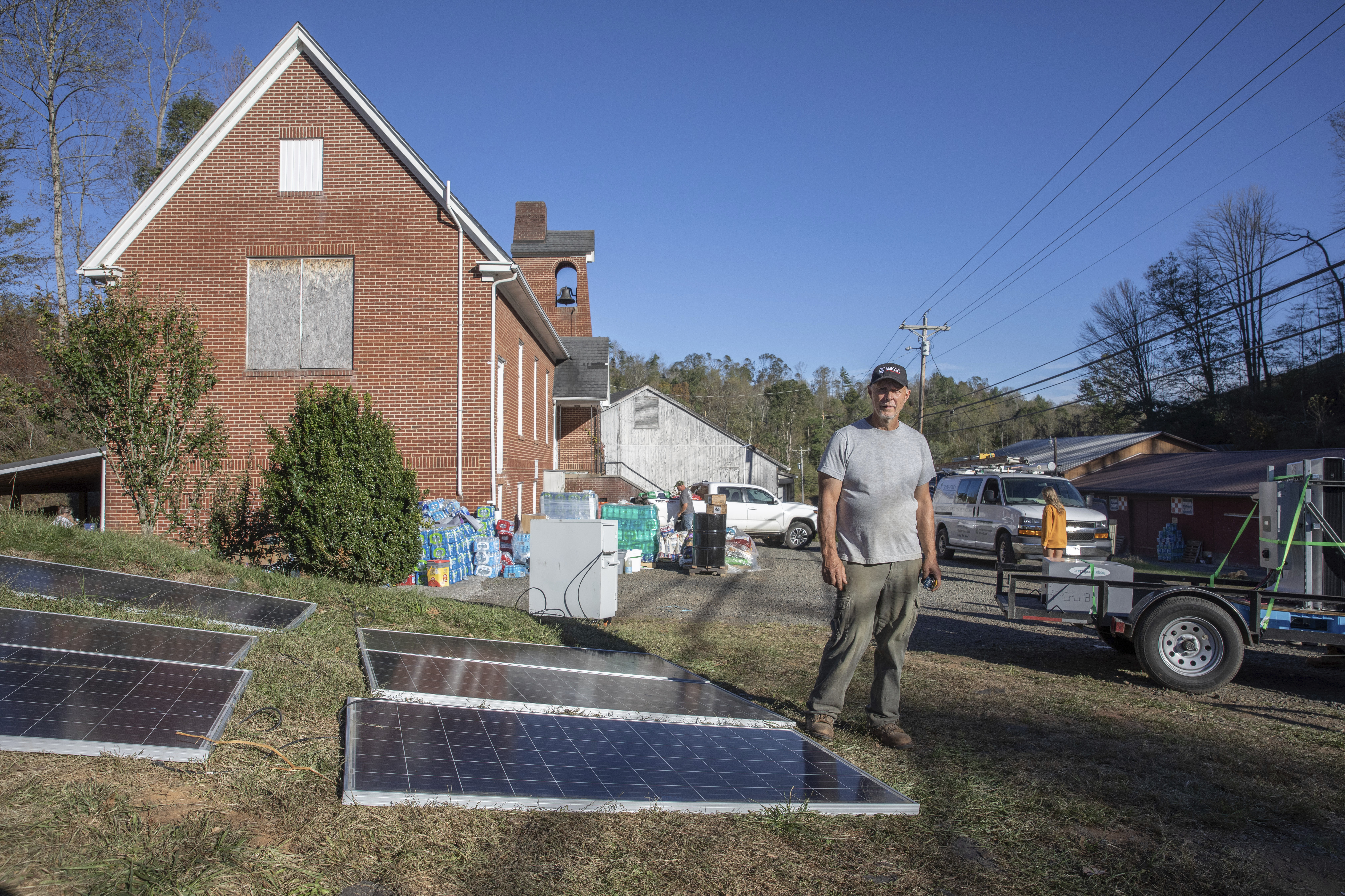 Bobby Renfro has spent thousands of dollars running generators to power a resource hub at the community building he established in Tipton Hill, N.C. on Oct. 9, 2024. (AP Photo/Gabriela Aoun Angueria)