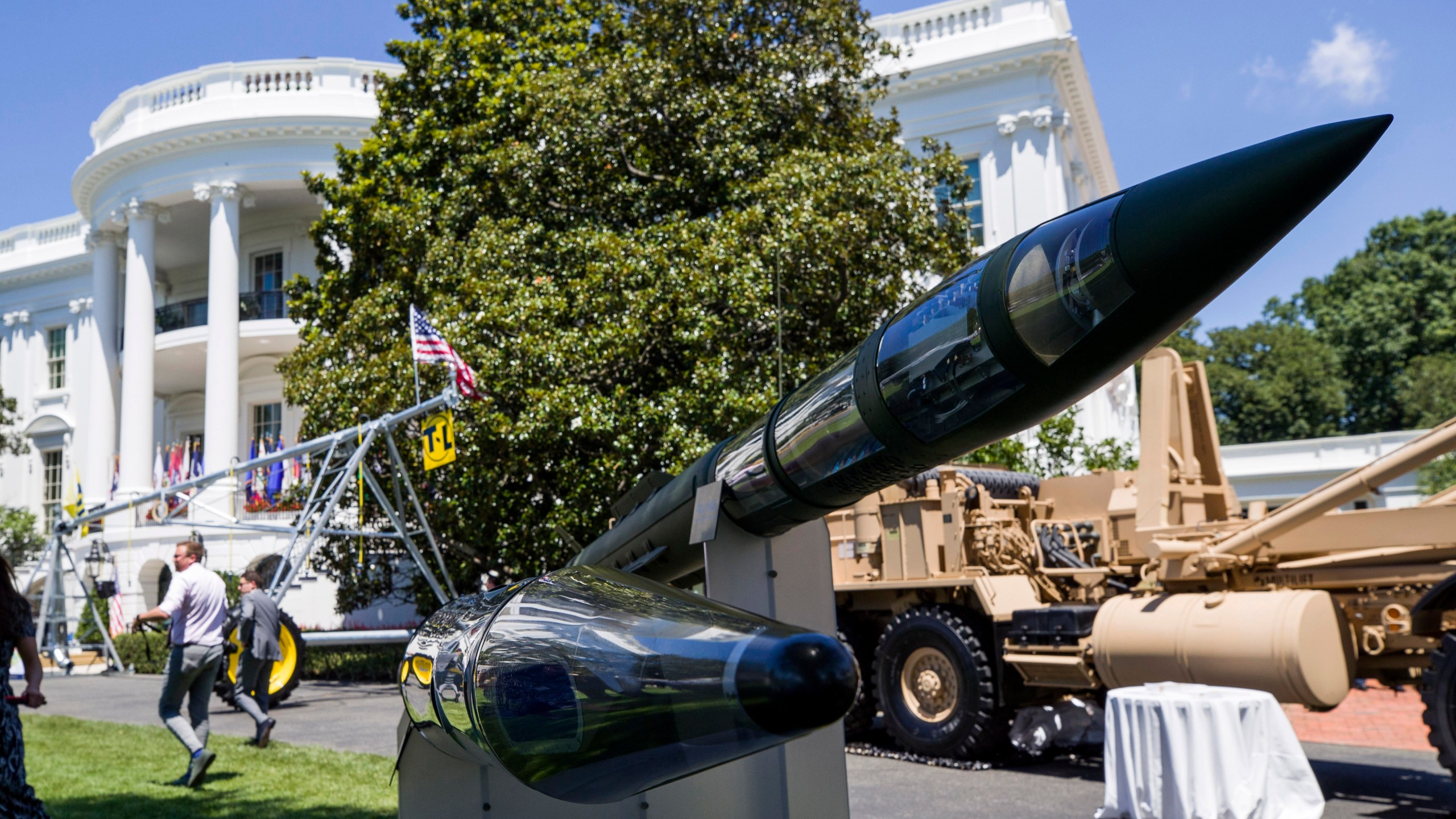 FILE - A Terminal High Altitude Area Defense (THAAD) anti-ballistic missile defense system is displayed during a Made in America showcase on the South Lawn of the White House, July 15, 2019, in Washington. (AP Photo/Alex Brandon, File)