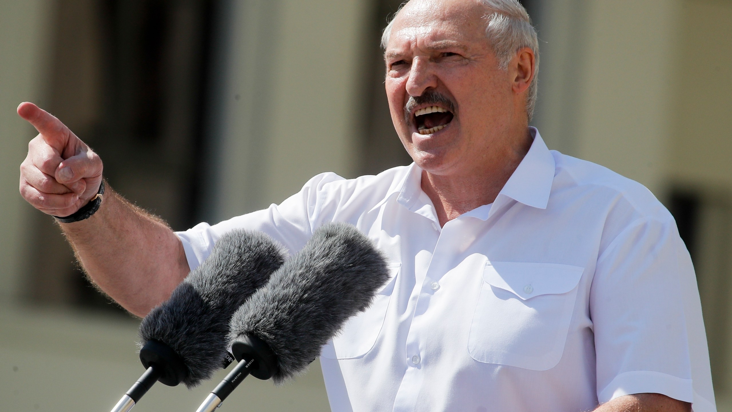 FILE - Belarus President Alexander Lukashenko addresses supporters at Independence Square in Minsk, Belarus, on Aug. 16, 2020. (AP Photo, File)