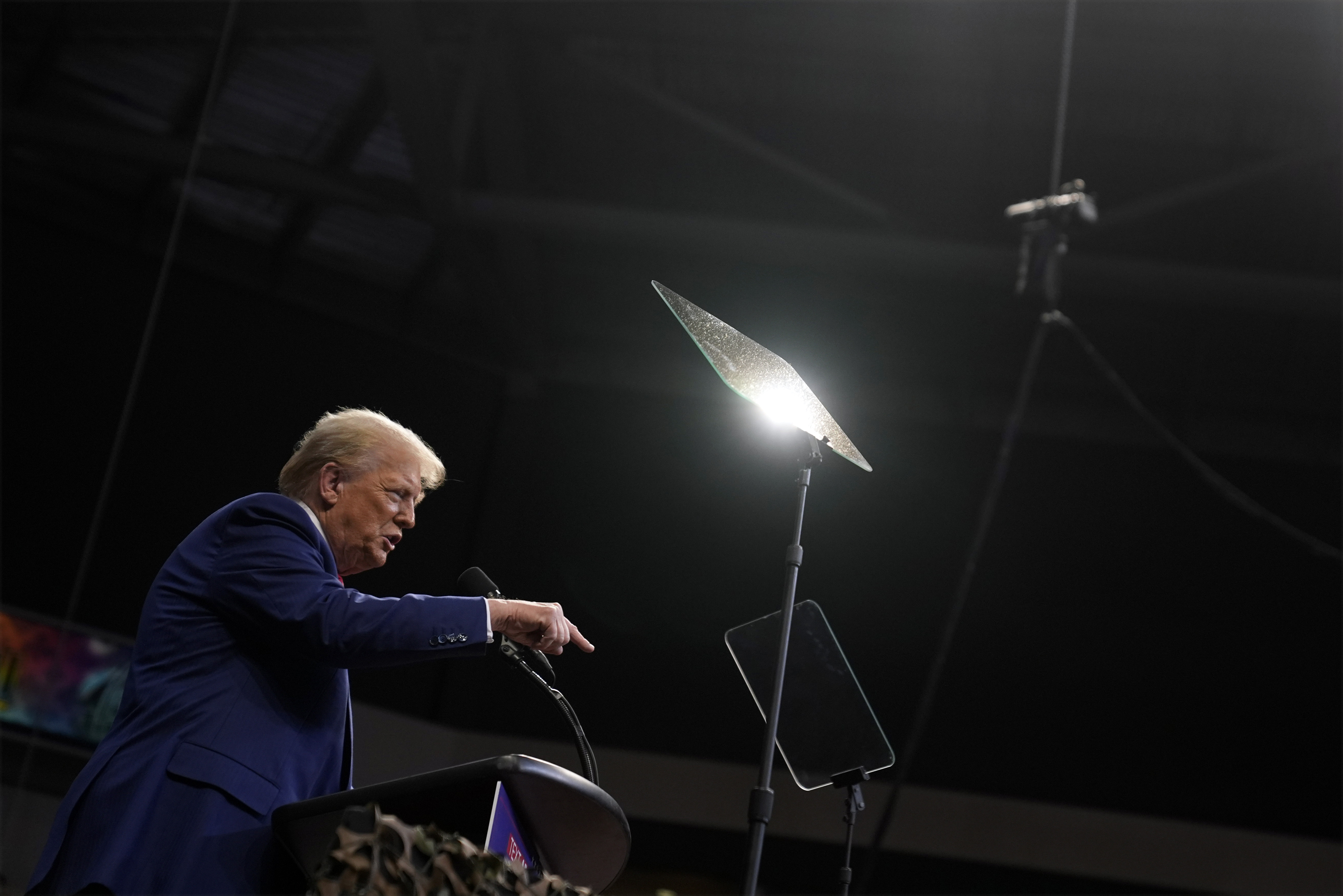 Republican presidential nominee former President Donald Trump speaks at a campaign rally at the Findlay Toyota Arena Sunday, Oct. 13, 2024, in Prescott Valley, Ariz. (AP Photo/Evan Vucci)