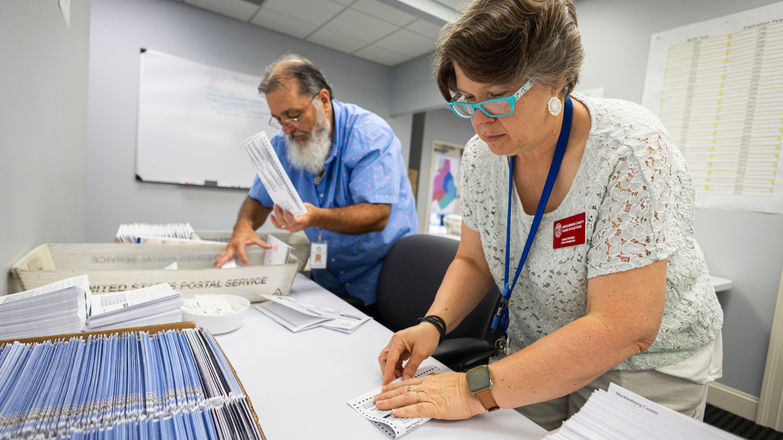 FILE - Dawn Stephens, right, and Duane Taylor prepare ballots to be mailed at the Mecklenburg County Board of Elections in Charlotte, N.C., Sept. 5, 2024. (AP Photo/Nell Redmond, File)