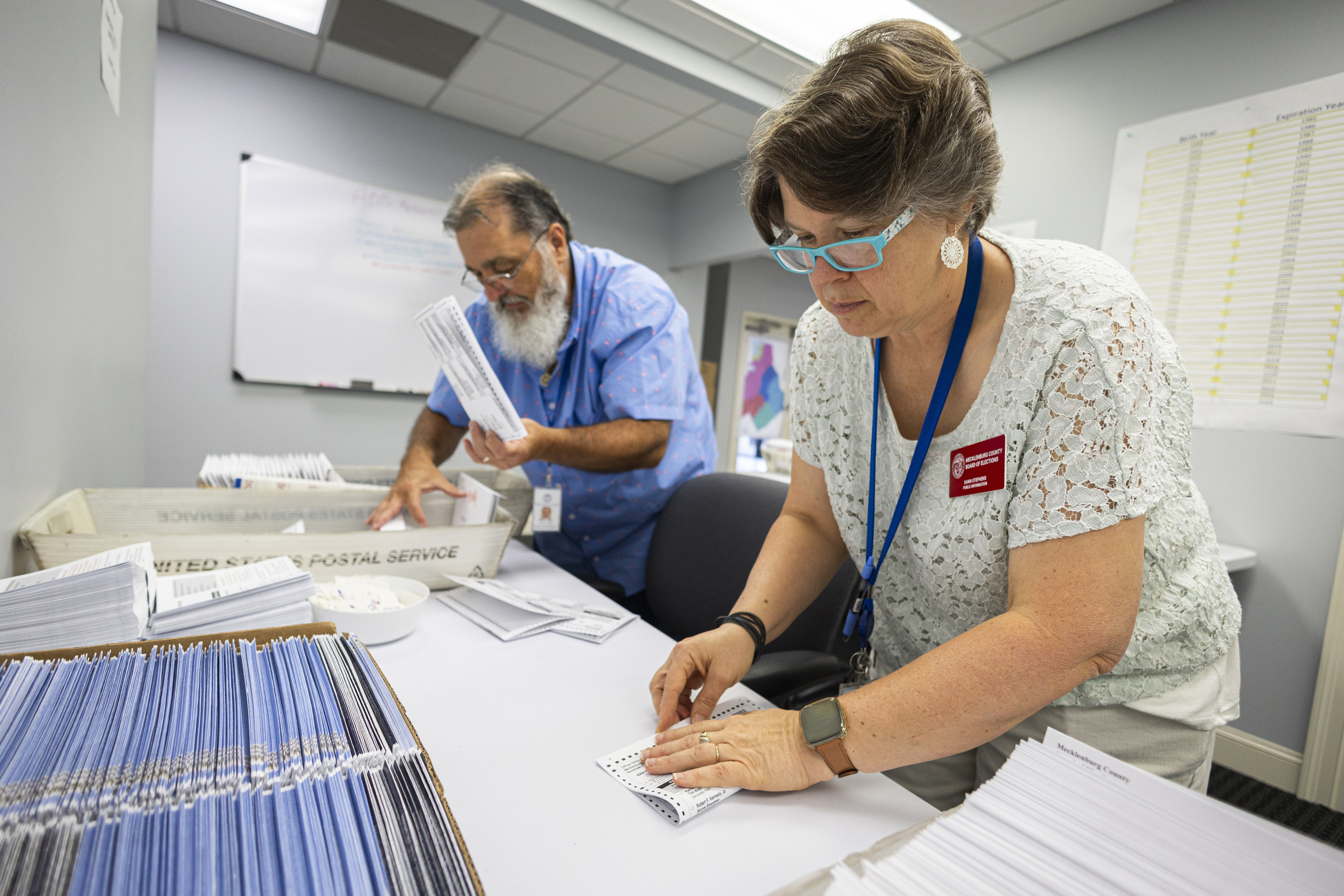 FILE - Dawn Stephens, right, and Duane Taylor prepare ballots to be mailed at the Mecklenburg County Board of Elections in Charlotte, N.C., Sept. 5, 2024. (AP Photo/Nell Redmond, File)