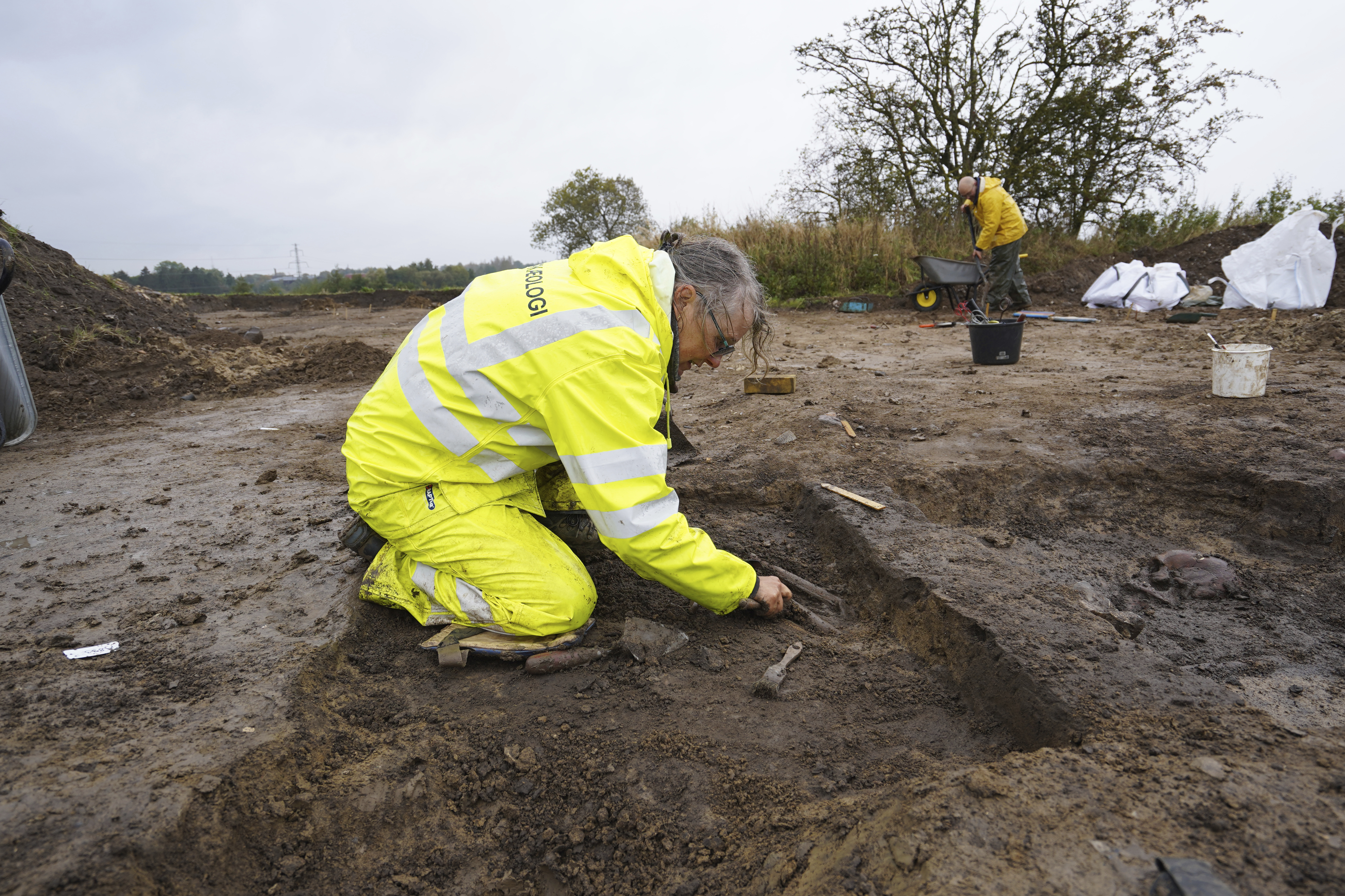 Kirsten Prangsgaard, archaeologist at Museum Odense, works at an excavation site of a 10th century Viking burial ground in Aasum, Denmark, Monday, Oct. 7, 2024. (AP Photo/James Brooks)