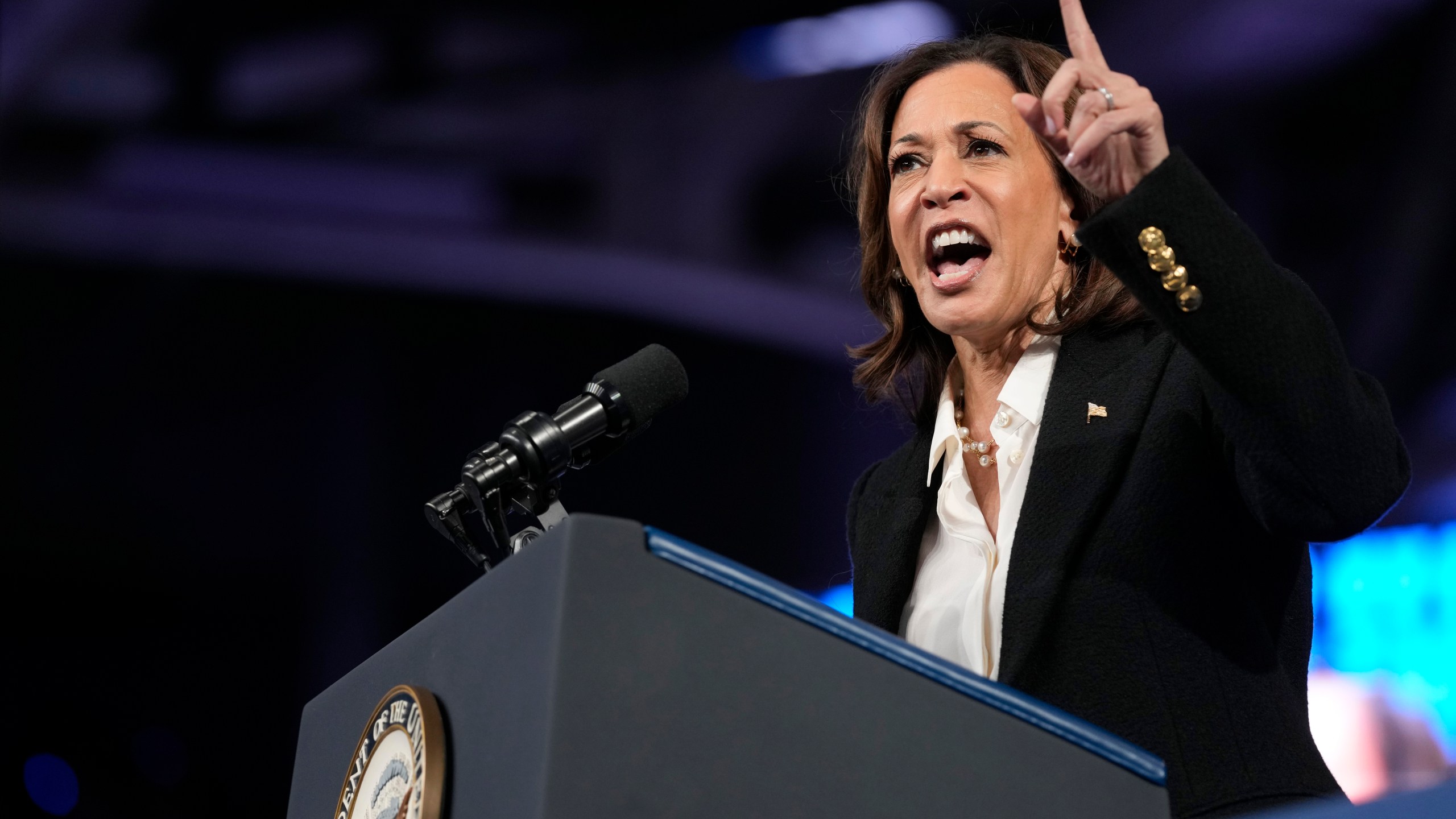 Democratic presidential nominee Vice President Kamala Harris speaks at a campaign rally at East Carolina University in Greenville, N.C., Sunday, Oct. 12, 2024. (AP Photo/Susan Walsh)