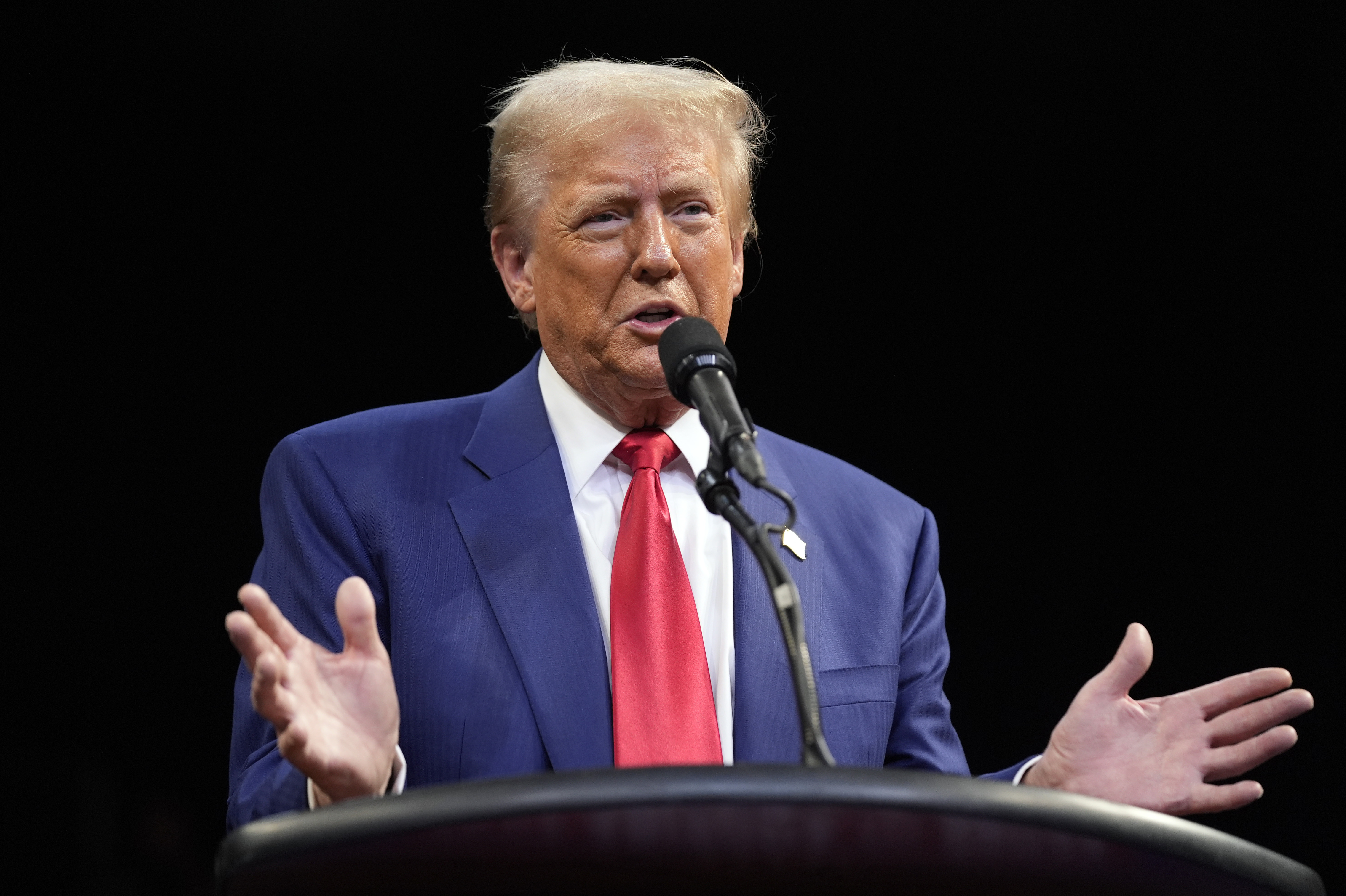 Republican presidential nominee former President Donald Trump speaks at a campaign rally at the Findlay Toyota Arena Sunday, Oct. 13, 2024, in Prescott Valley, Ariz. (AP Photo/Evan Vucci)