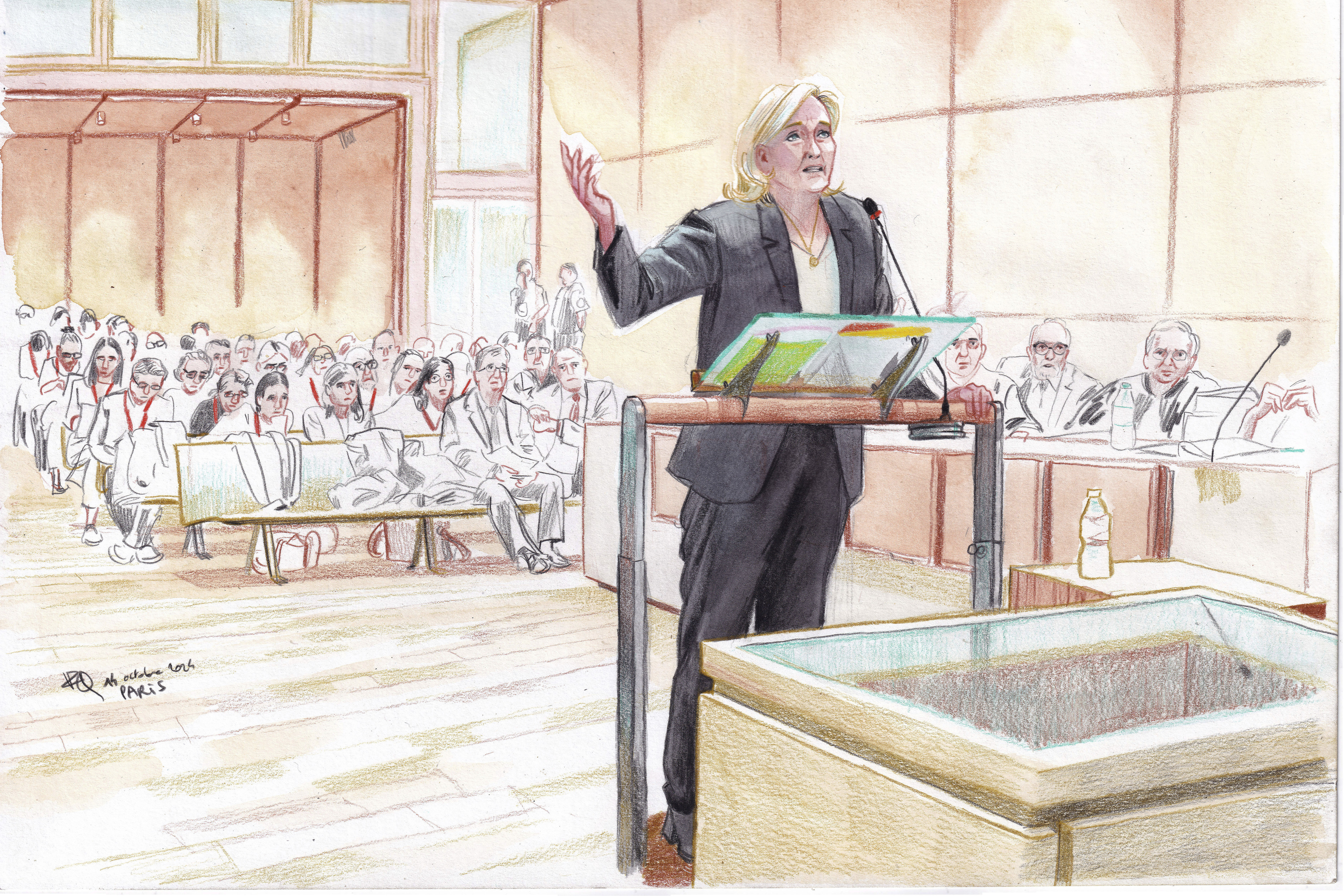 This courtroom sketch by Valentin Pasquier shows French far-right leader Marine Le Pen during his trial, facing court on charges of embezzling EU funds at the Paris court house, in Paris France, Monday, Oct. 14, 2024. (AP Photo/Valentin Pasquier)