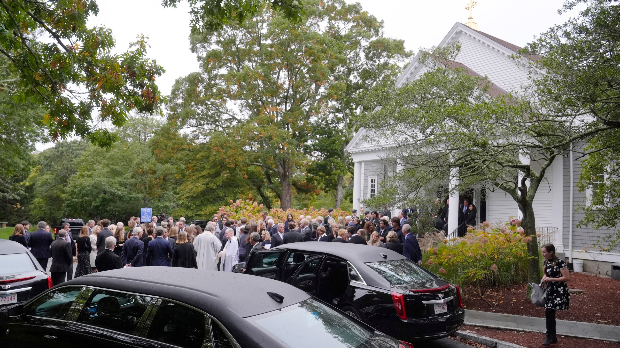 Mourners depart Our Lady of Victory church following funeral services for Ethel Kennedy, wife of the late Sen. Robert F. Kennedy, Monday, Oct. 14, 2024, in Centerville, Mass. (AP Photo/Steven Senne)