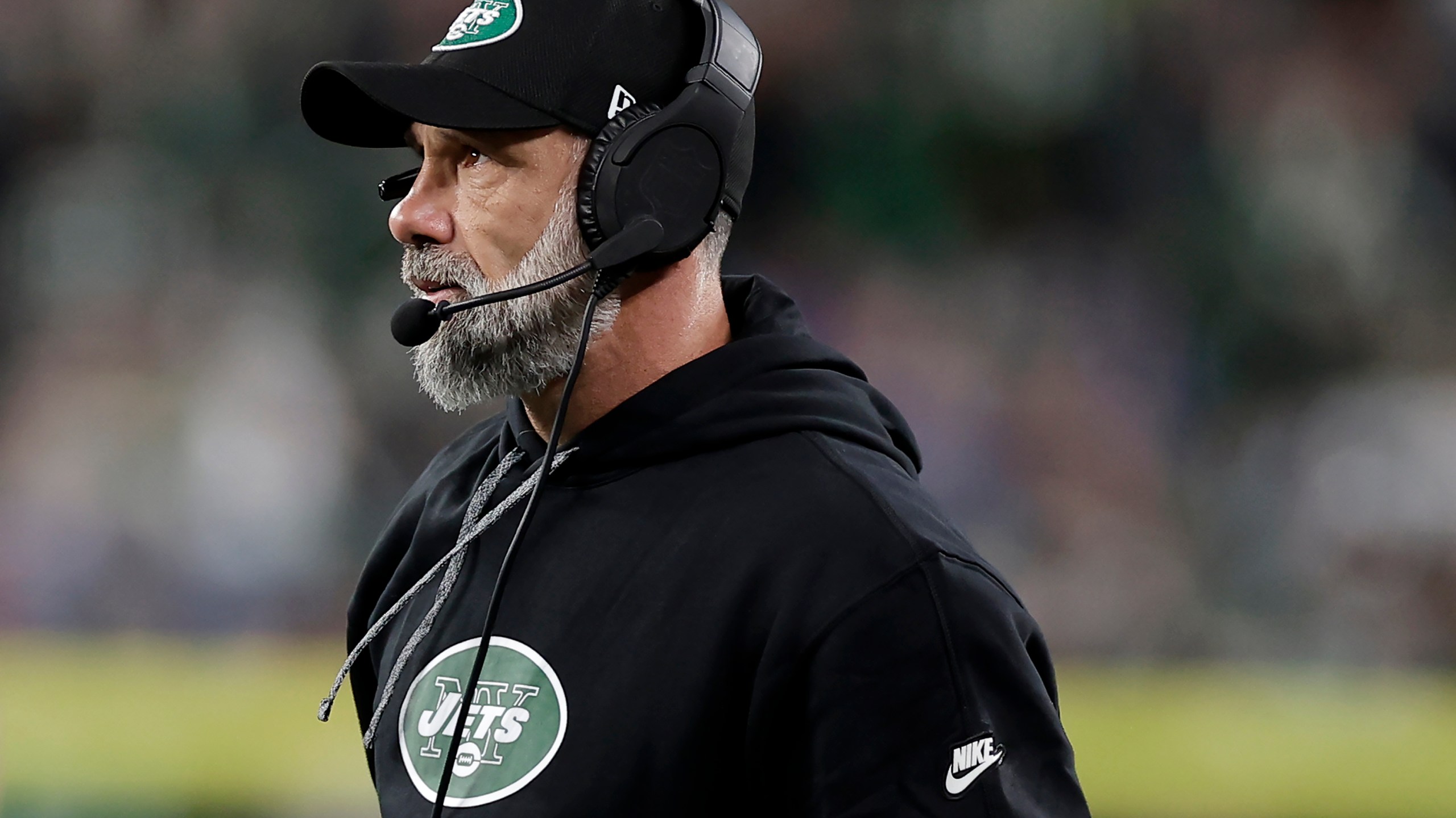 New York Jets interim head coach Jeff Ulbrich watches from the sideline during the first half of an NFL football game against the Buffalo Bills in East Rutherford, N.J., Monday, Oct. 14, 2024. (AP Photo/Adam Hunger)