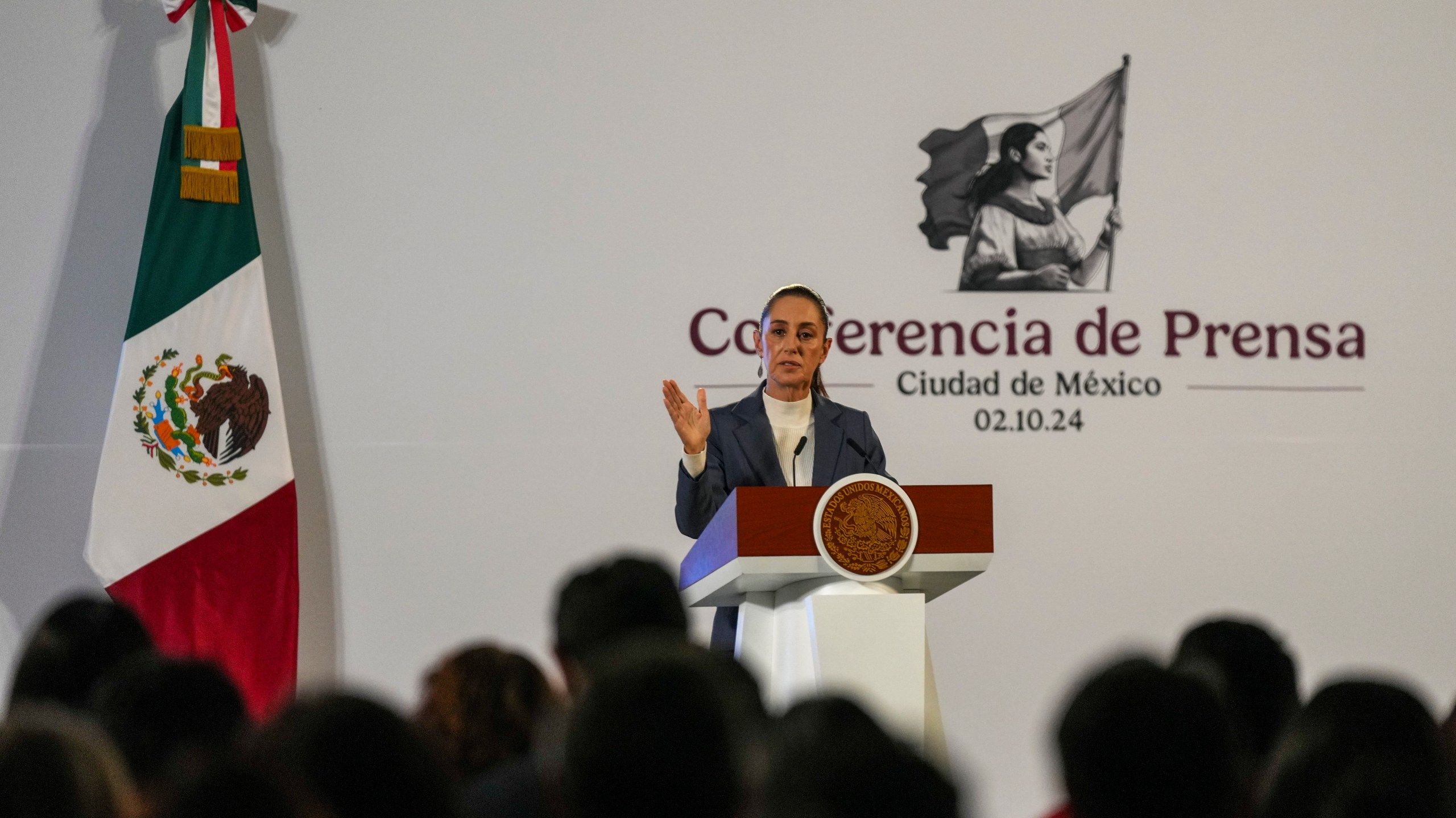 FILE - Mexican President Claudia Sheinbaum gives a media briefing from the National Palace in Mexico City, Oct. 2, 2024, the morning after her inauguration. (AP Photo/Fernando Llano, File)