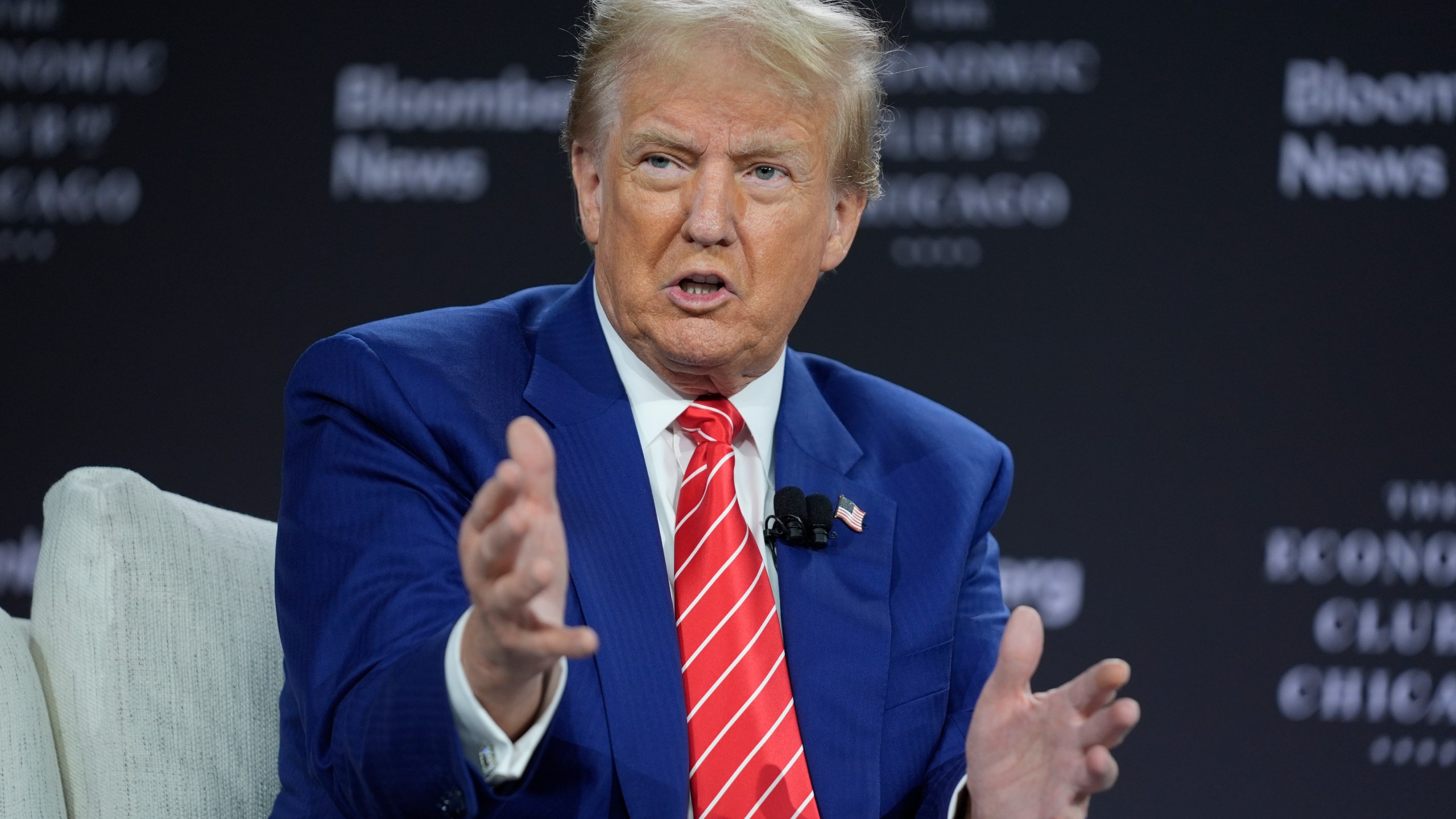 Republican presidential nominee former President Donald Trump speaks during an interview with Bloomberg News Editor-in-Chief John Micklethwait during an event with the Economic Club of Chicago, Tuesday, Oct. 15, 2024, in Chicago. (AP Photo/Evan Vucci)