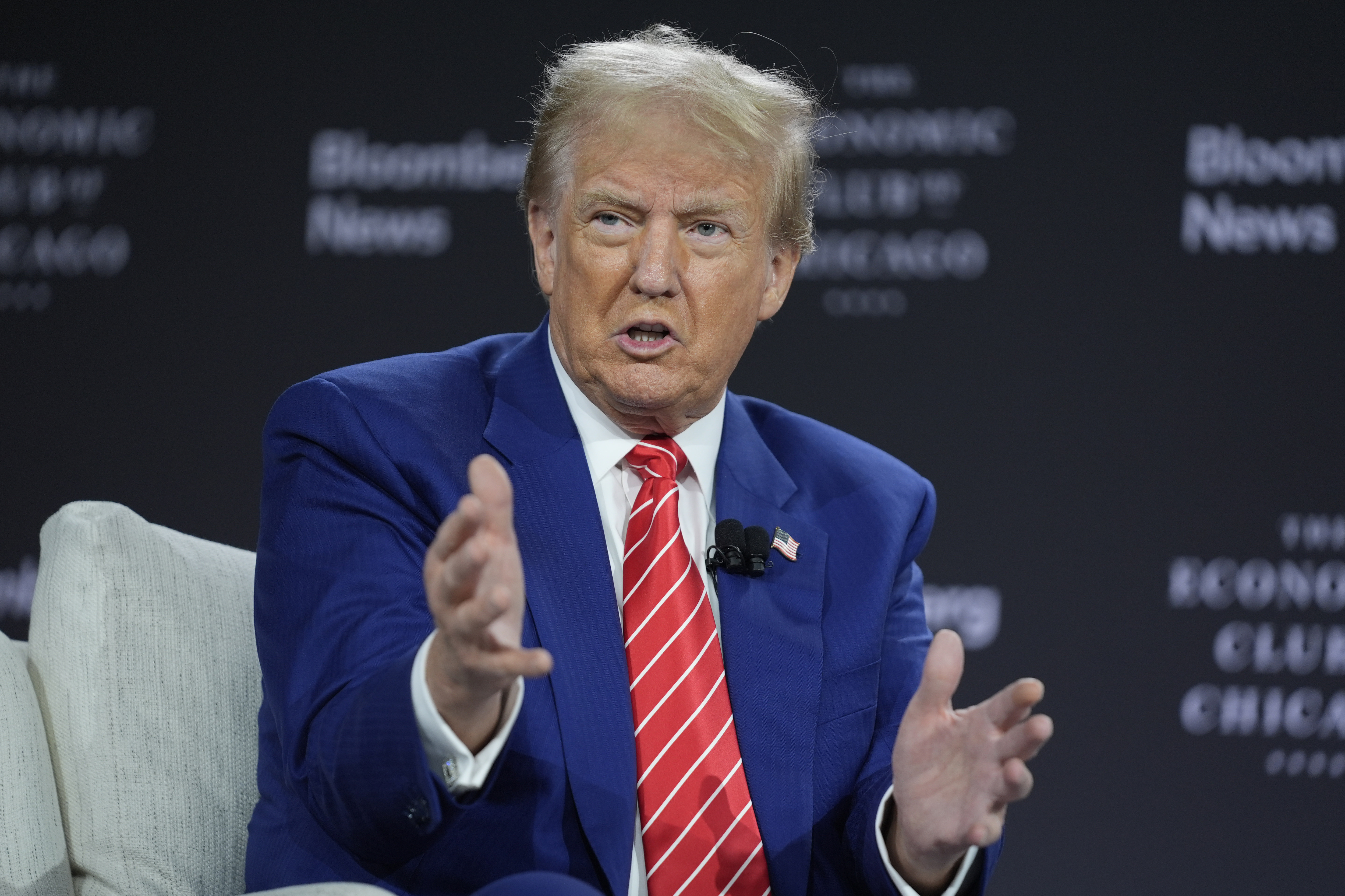 Republican presidential nominee former President Donald Trump speaks during an interview with Bloomberg News Editor-in-Chief John Micklethwait during an event with the Economic Club of Chicago, Tuesday, Oct. 15, 2024, in Chicago. (AP Photo/Evan Vucci)