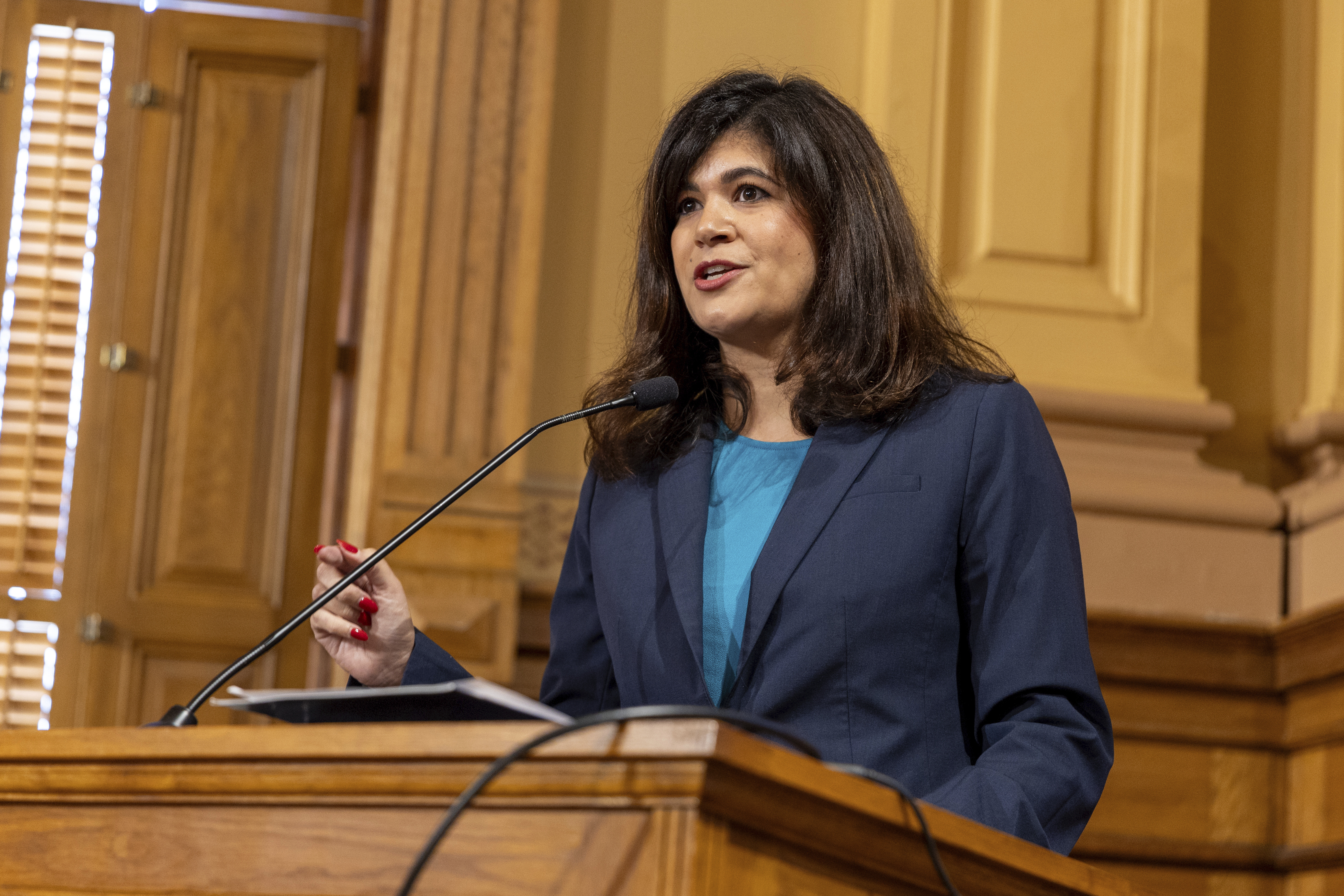 State Rep. Saira Draper, D-Atlanta, makes public comment against new proposed rules during a Georgia Election Board meeting at the Capitol in Atlanta on Sept. 20, 2024. (Arvin Temkar/Atlanta Journal-Constitution via AP)