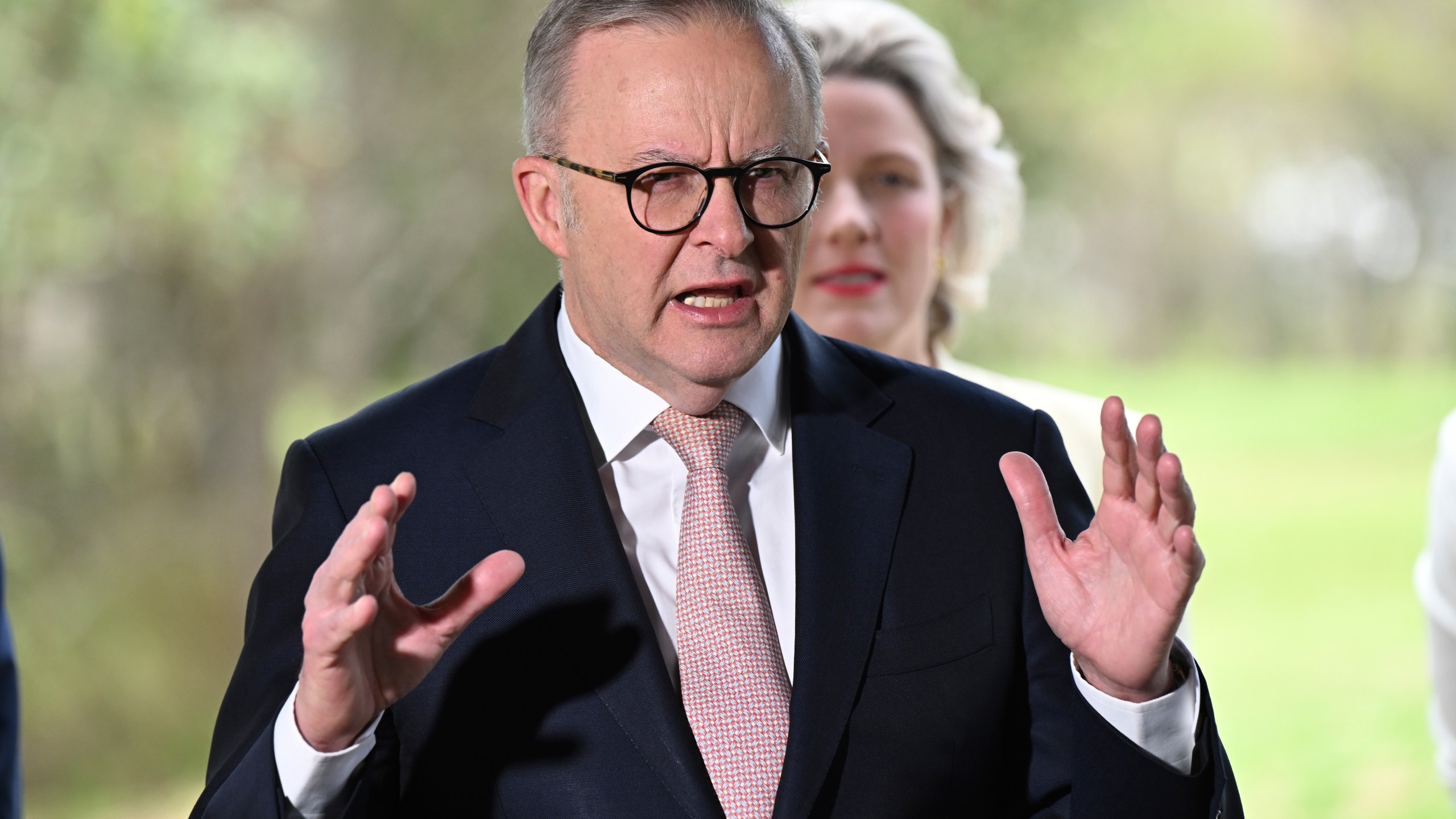 Australian Prime Minister Anthony Albanese gestures during a press conference in Logan City, near Brisbane, Tuesday, Oct. 15, 2024. (Darren England/AAP Image via AP)