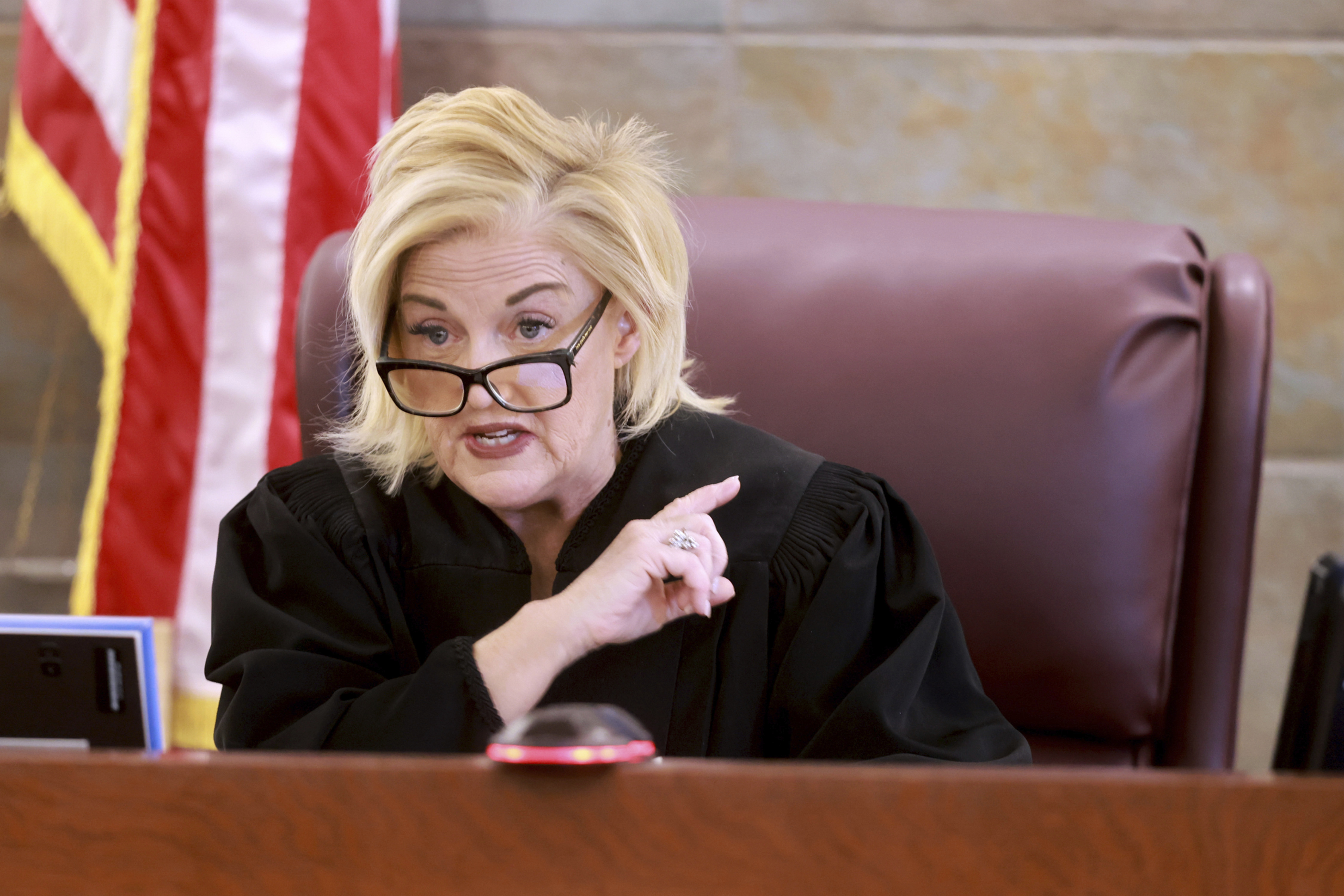 FILE - District Judge Michelle Leavitt speaks during a hearing for a juror question during deliberations for murder trial for Robert Telles, a former Clark County public administrator charged in the murder of Las Vegas Review-Journal investigative journalist Jeff German, at the Regional Justice Center in Las Vegas, Aug. 26, 2024. (K.M. Cannon/Las Vegas Review-Journal via AP, Pool, File)