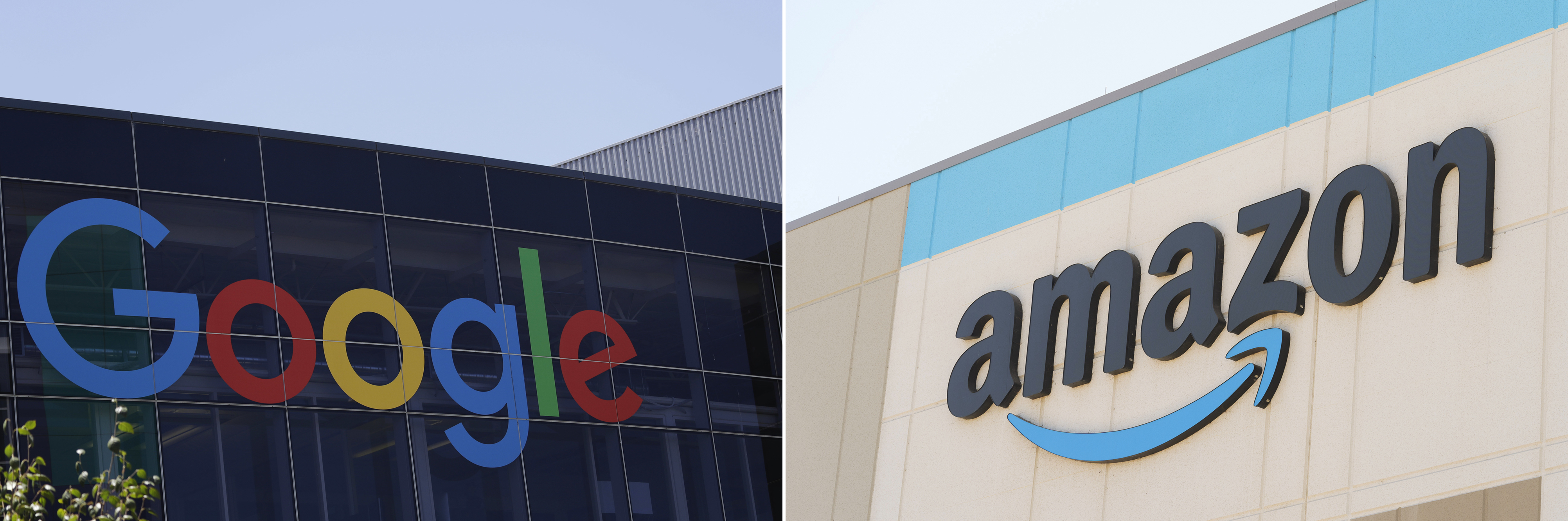 The Google logo, left, is displayed at the company's headquarters in Mountain View, Calif., on July 19, 2016, and the Amazon logo is displayed on the exterior wall of the Amazon OXR1 fulfillment center in Oxnard, Calif., on Aug. 21, 2024. (AP Photo)