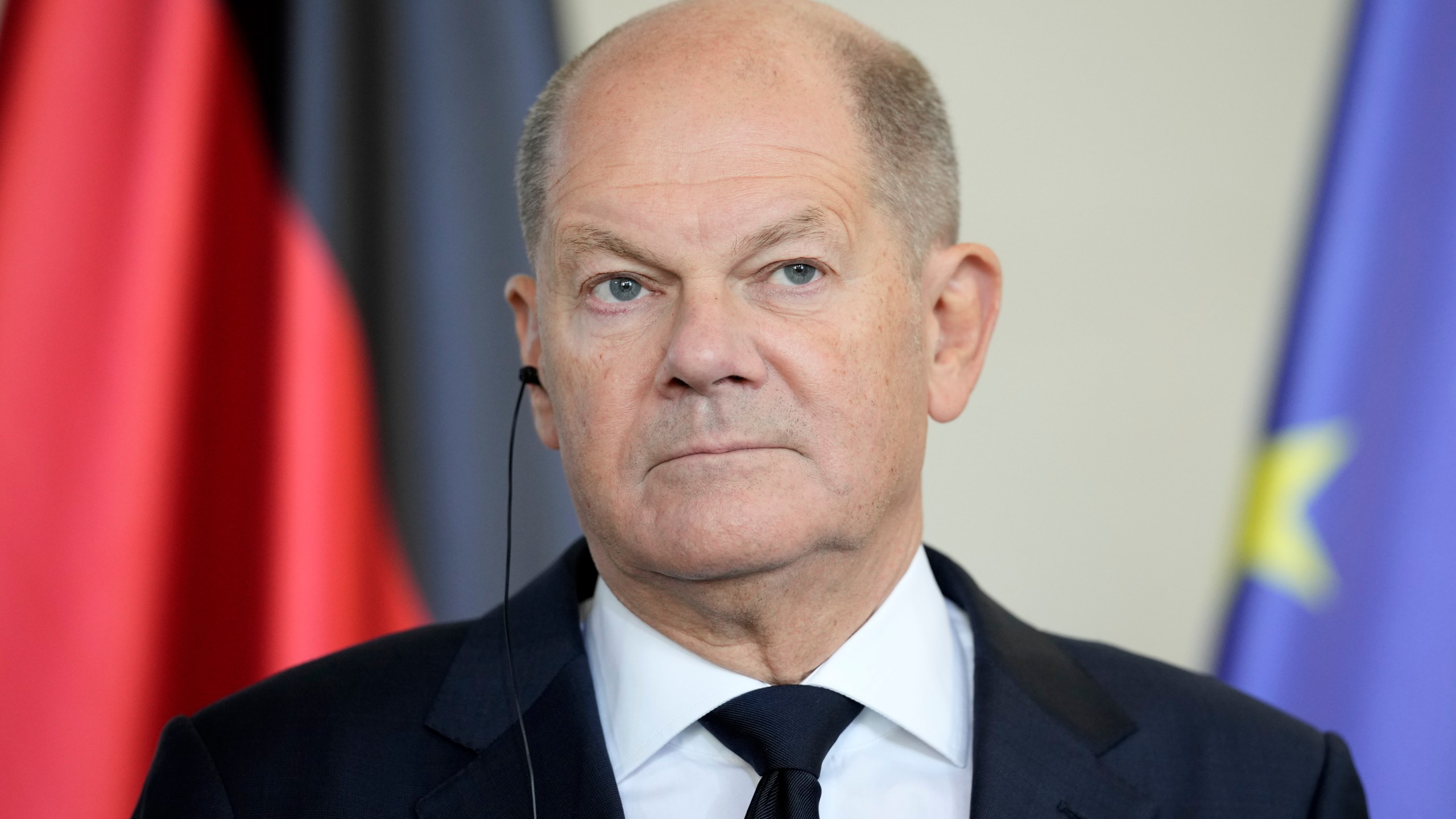 German chancellor Olaf Scholz listens to Ukraine's president Volodymyr Zelenskyy at the chancellery in Berlin, Germany, Friday, Oct. 11, 2024. (AP Photo/Ebrahim Noroozi)