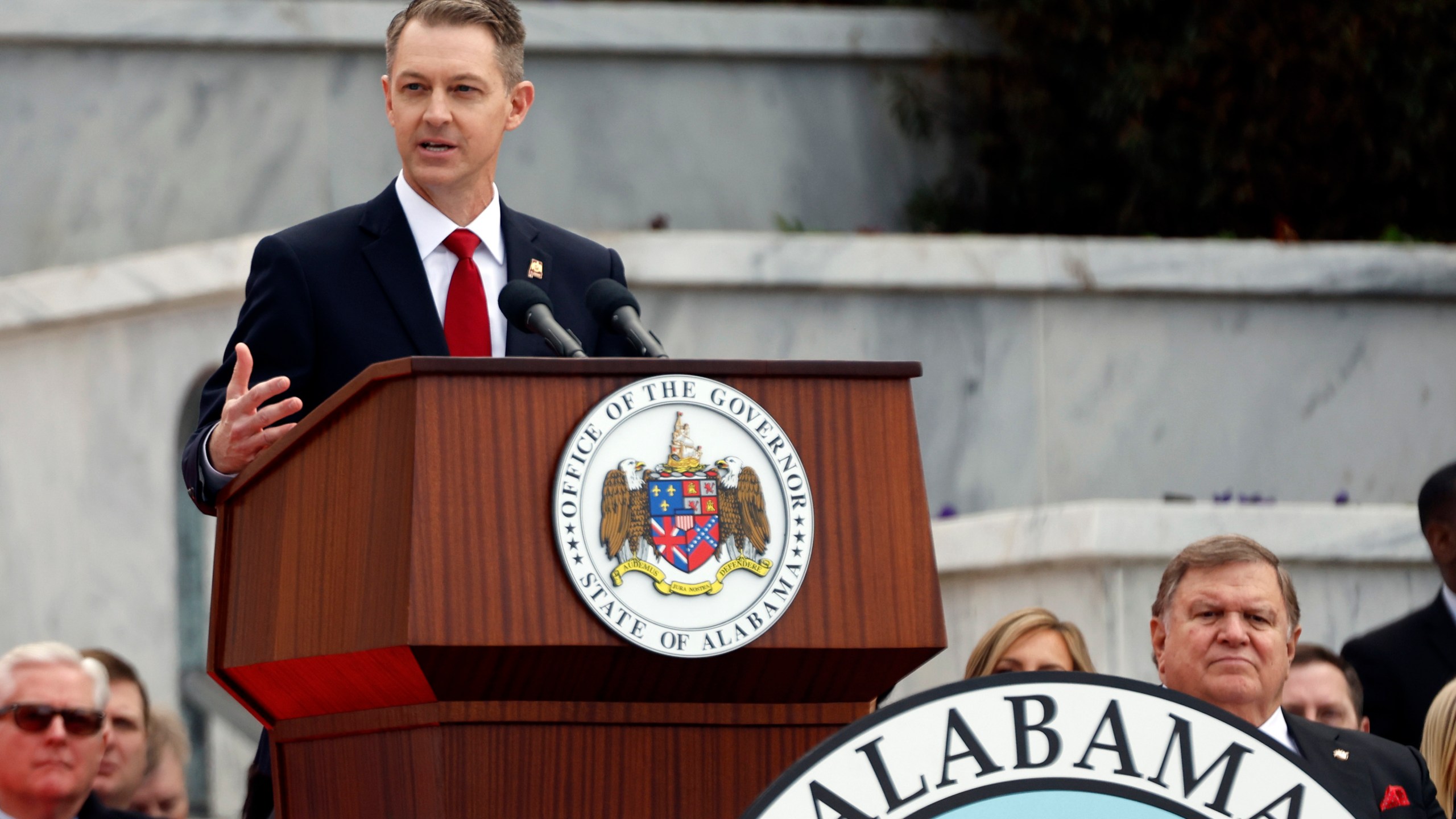 FILE - Alabama Secretary of State, Wes Allen speaks during the inauguration ceremony on the steps of the Alabama State Capital Monday, Jan. 16, 2023 in Montgomery, Ala. (AP Photo/Butch Dill, File)