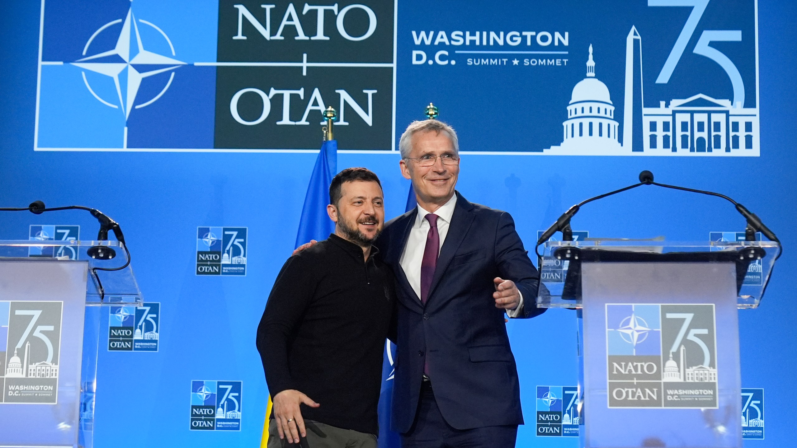 FILE - Ukraine's President Volodymyr Zelenskyy and NATO Secretary General Jens Stoltenberg wrap up a joint press conference on July 11, 2024. (AP Photo/Mark Schiefelbein, File)