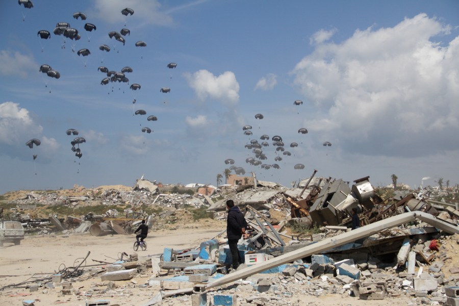 FILE - Humanitarian aid is airdropped to Palestinians over Gaza City, Gaza Strip, Monday, March 25, 2024. (AP Photo/Mahmoud Essa, File)