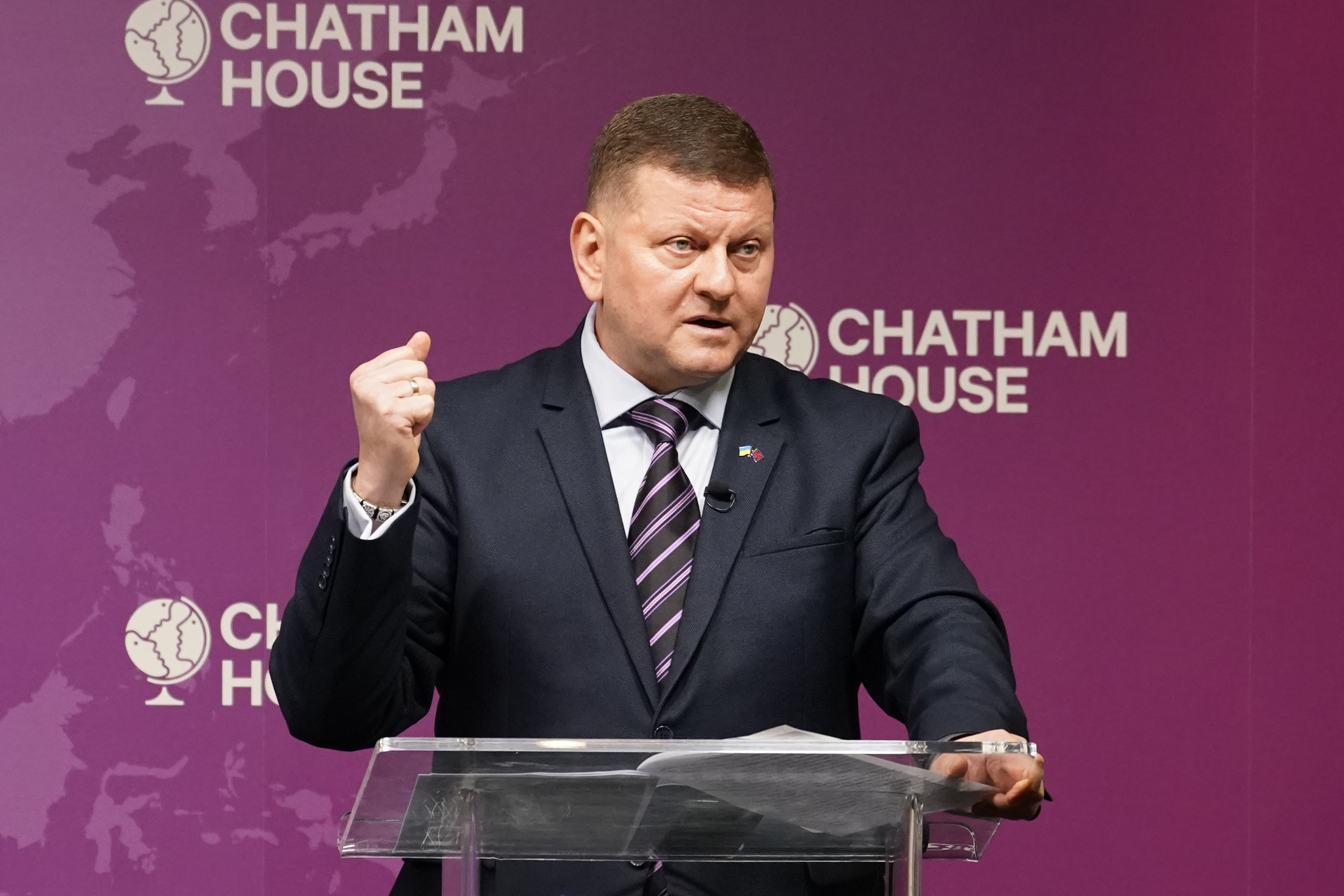 Ukraine Ambassador to UK, Valerii Zaluzhnyi, speaks at a Chatham House event in London, Thursday, Oct. 17, 2024. (AP Photo/Alberto Pezzali)