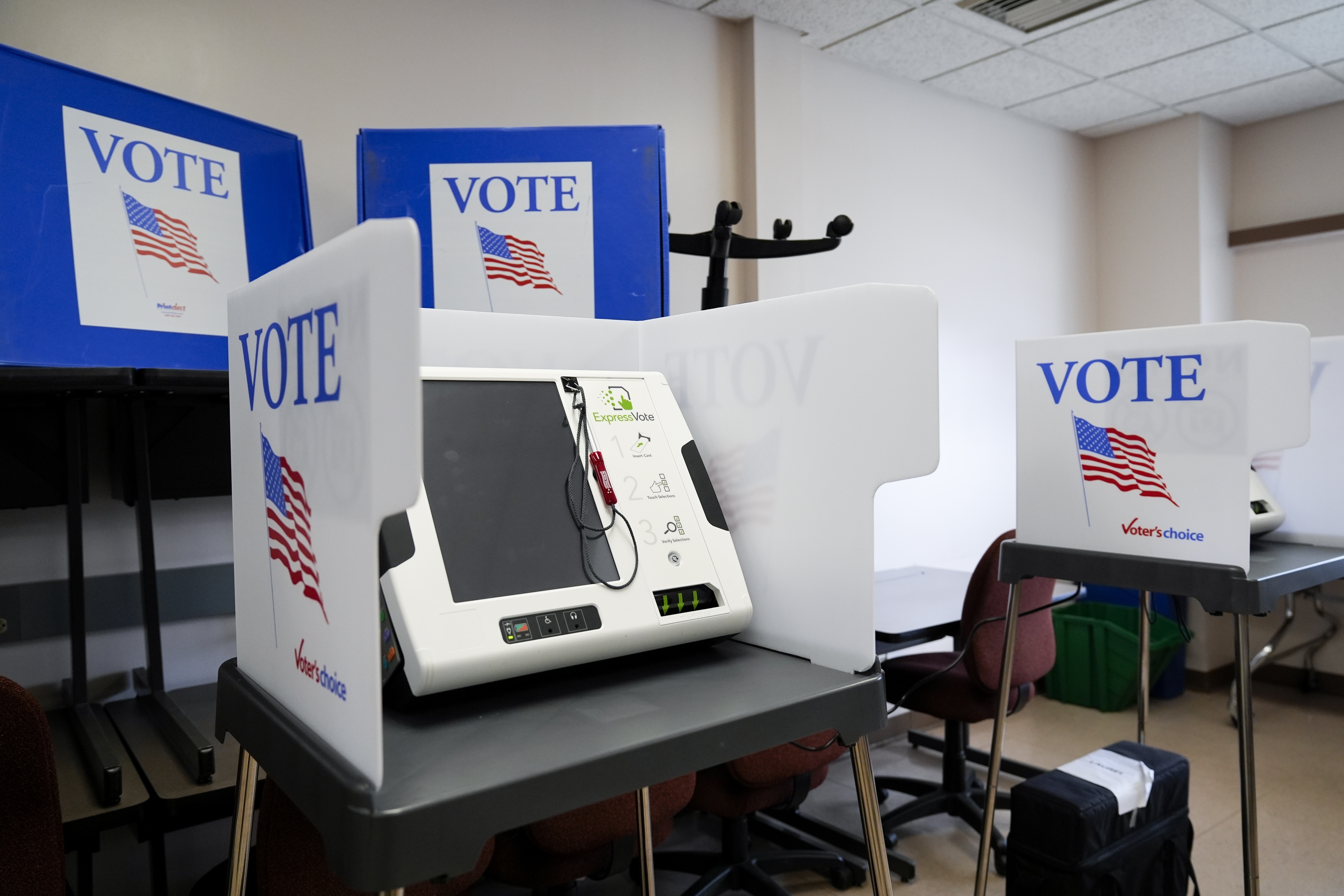 A ballot-marking machine is seen at an early in-person voting site at Asheville-Buncombe Technical Community College, Wednesday, Oct. 16, 2024, in Marshall, N.C. (AP Photo/Stephanie Scarbrough)