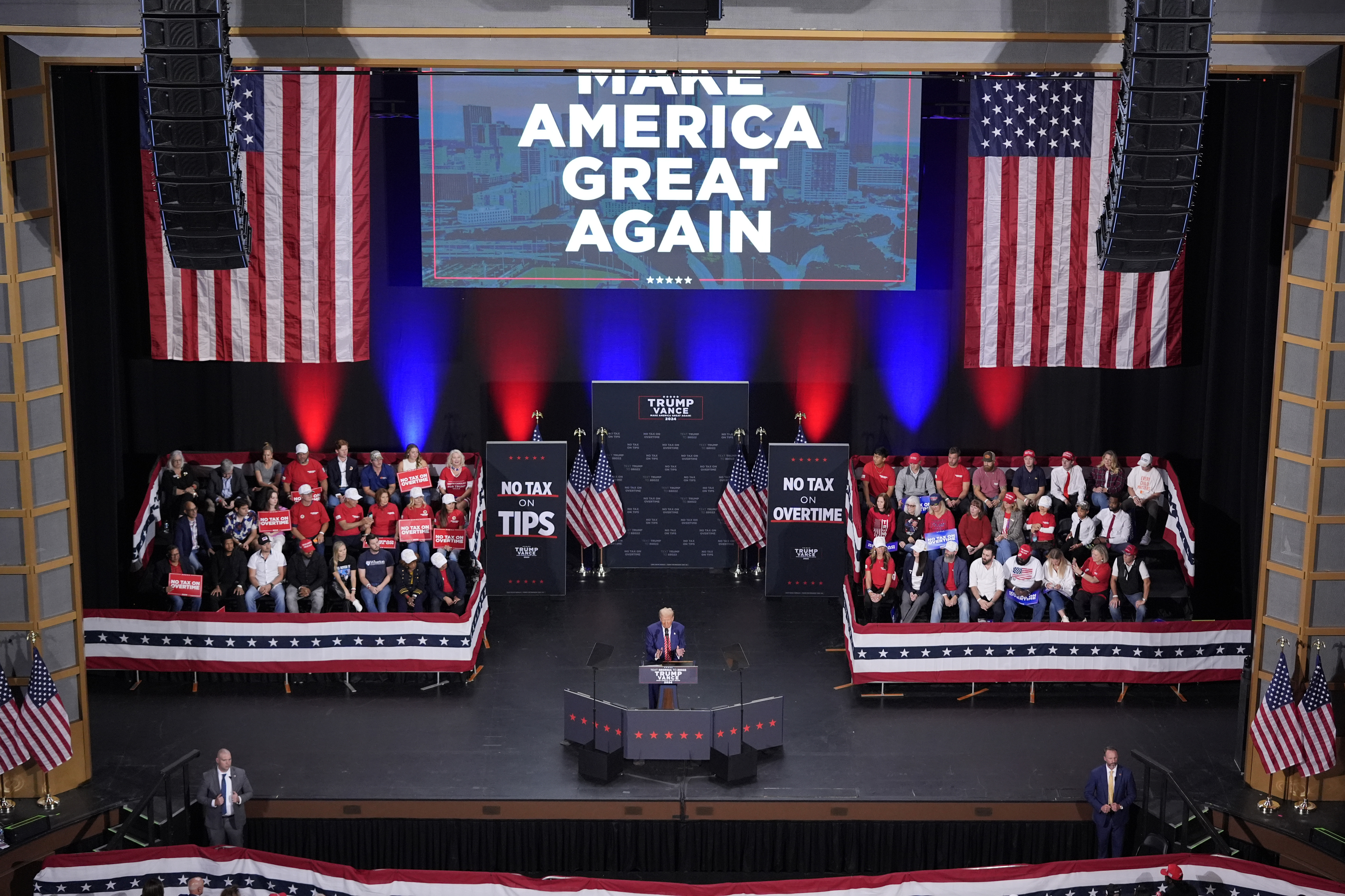 Republican presidential nominee former President Donald Trump speaks at a campaign event at the Cobb Energy Performing Arts Centre, Tuesday, Oct. 15, 2024, in Atlanta. (AP Photo/Alex Brandon)