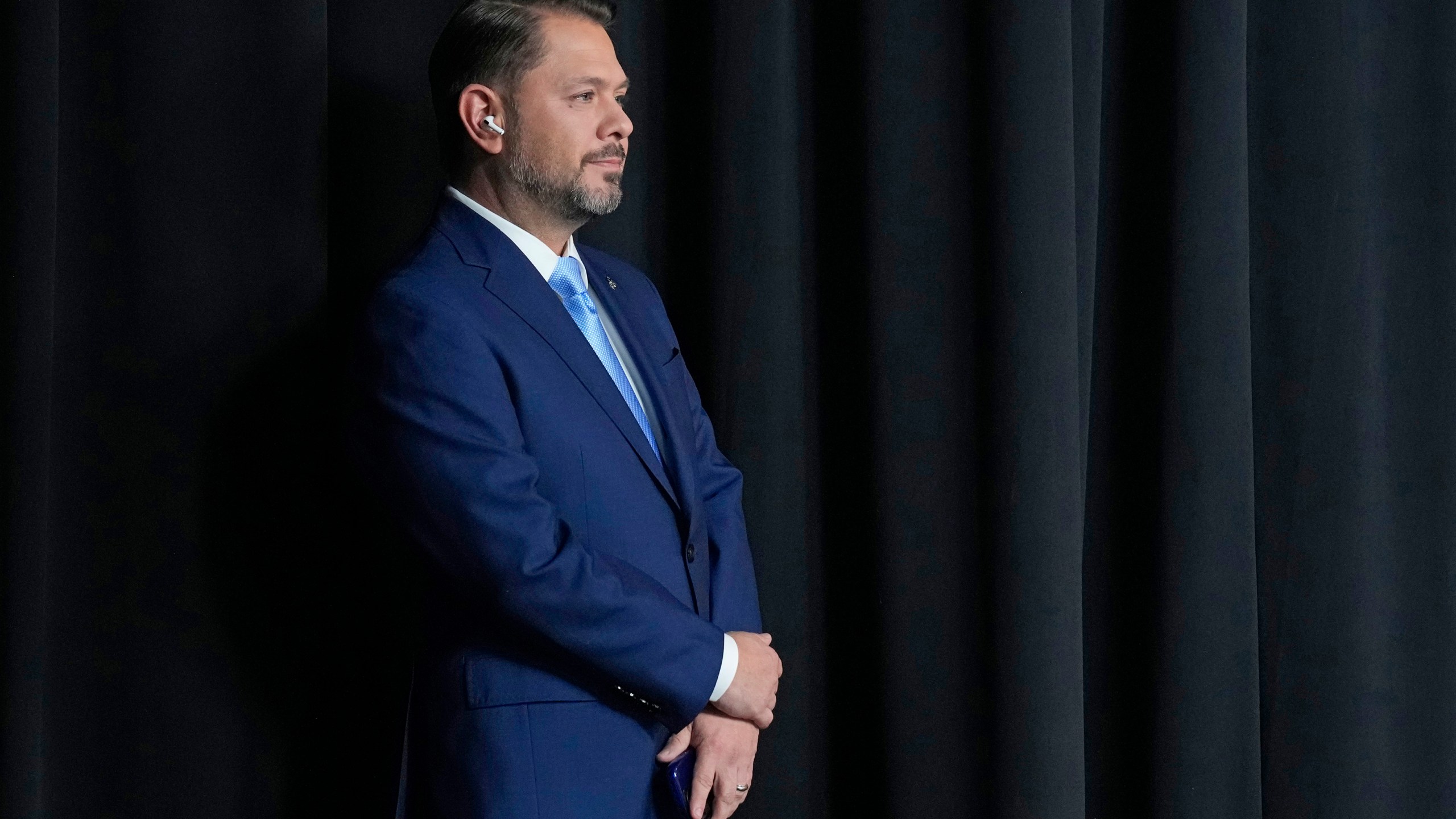 U.S. Senate candidate U.S. Rep. Ruben Gallego, D-Ariz., speaks during a debate with Republican challenger Kari Lake, Wednesday, Oct. 9, 2024, in Phoenix. (Cheryl Evans/Arizona Republic via AP)