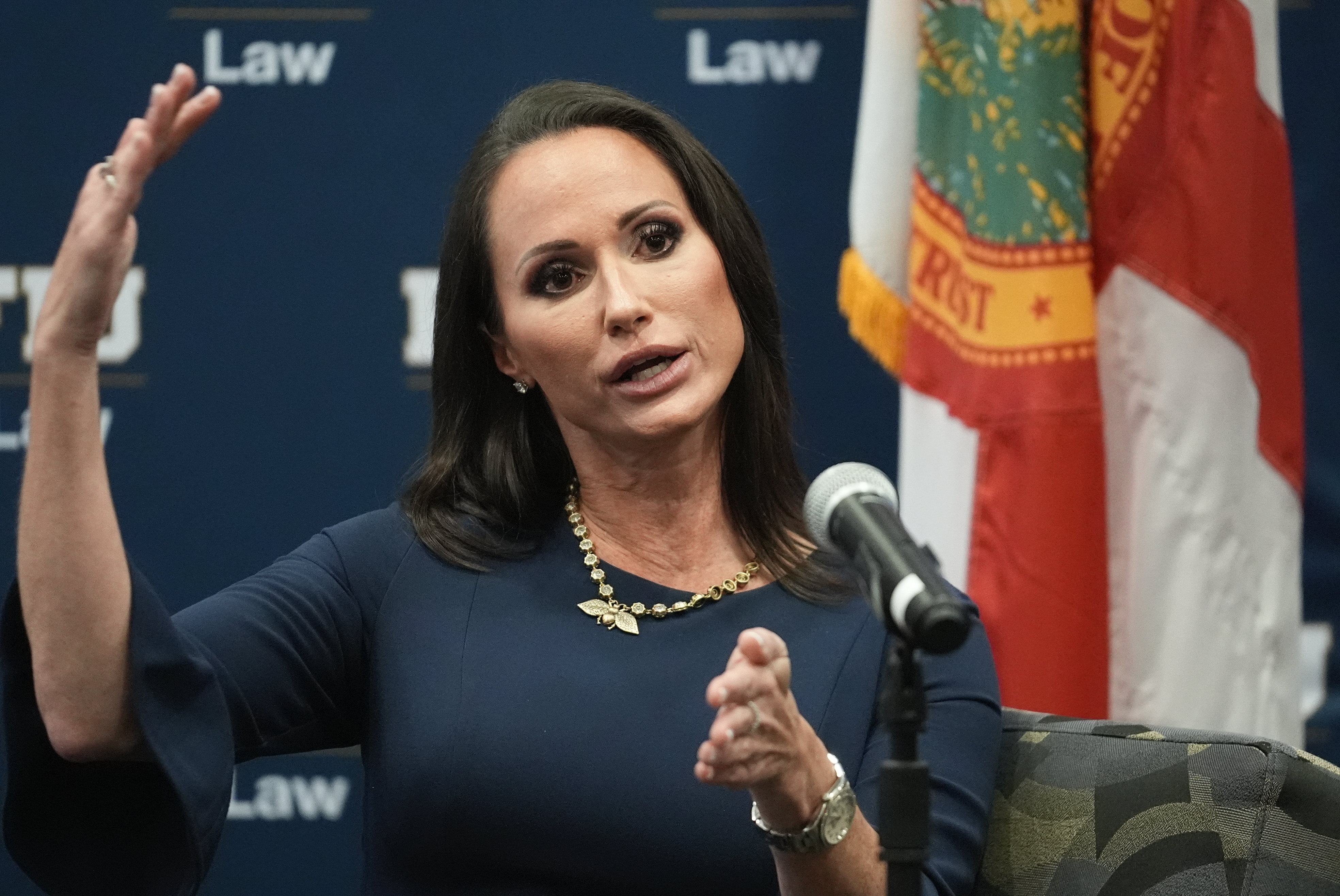 Former circuit judge Elizabeth Scherer speaks, Thursday, Oct. 17, 2024, in Miami, to Florida International University law students about overseeing the trial of the shooter who murdered 17 at Parkland, Fla.'s, Marjory Stoneman Douglas High School in 2018. (AP Photo/Rebecca Blackwell)