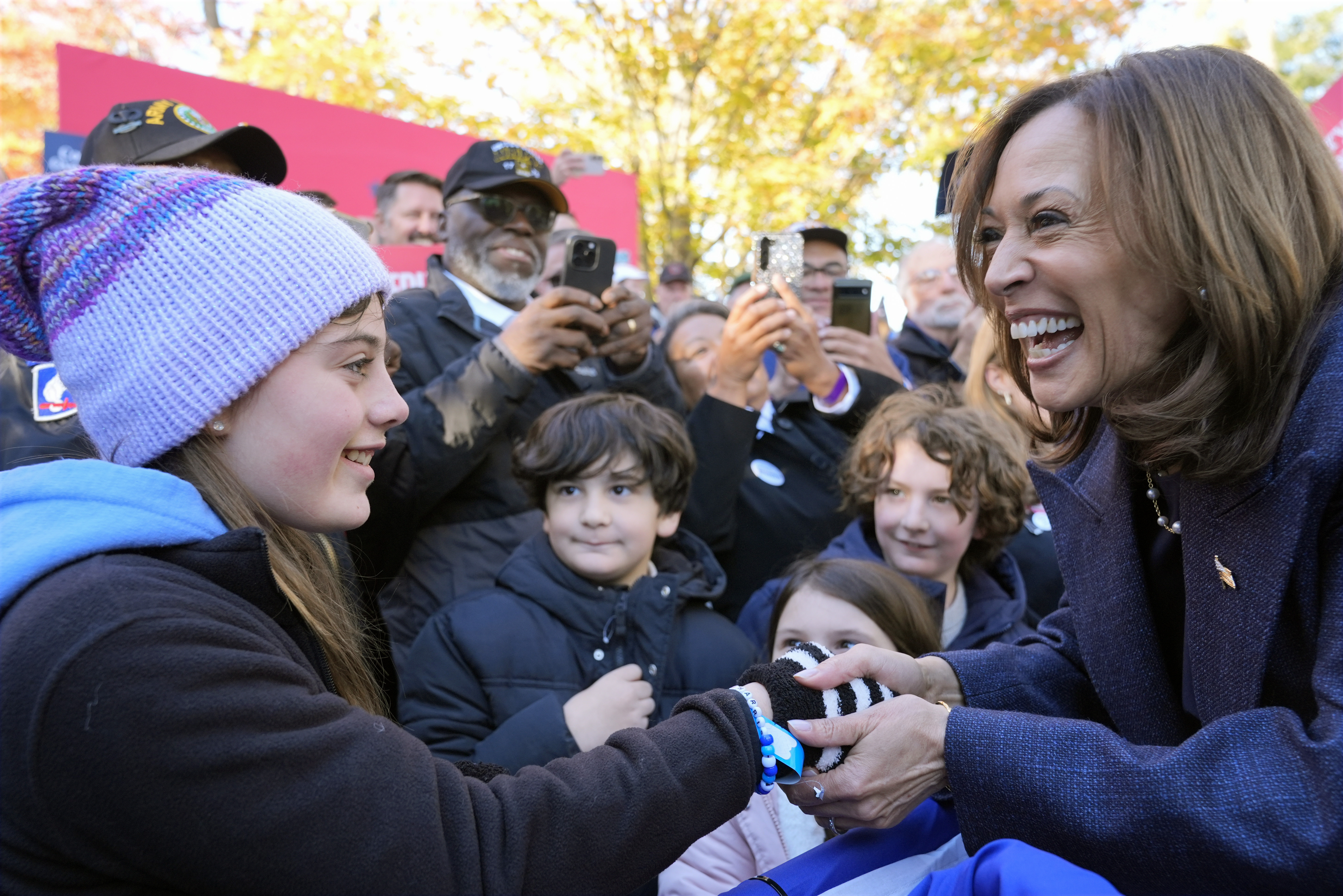 Democratic presidential nominee Vice President Kamala Harris greets people at a campaign event at Washington Crossing Historic Park, Wednesday, Oct. 16, 2024, in Washington Crossing, Pa. (AP Photo/Jacquelyn Martin)