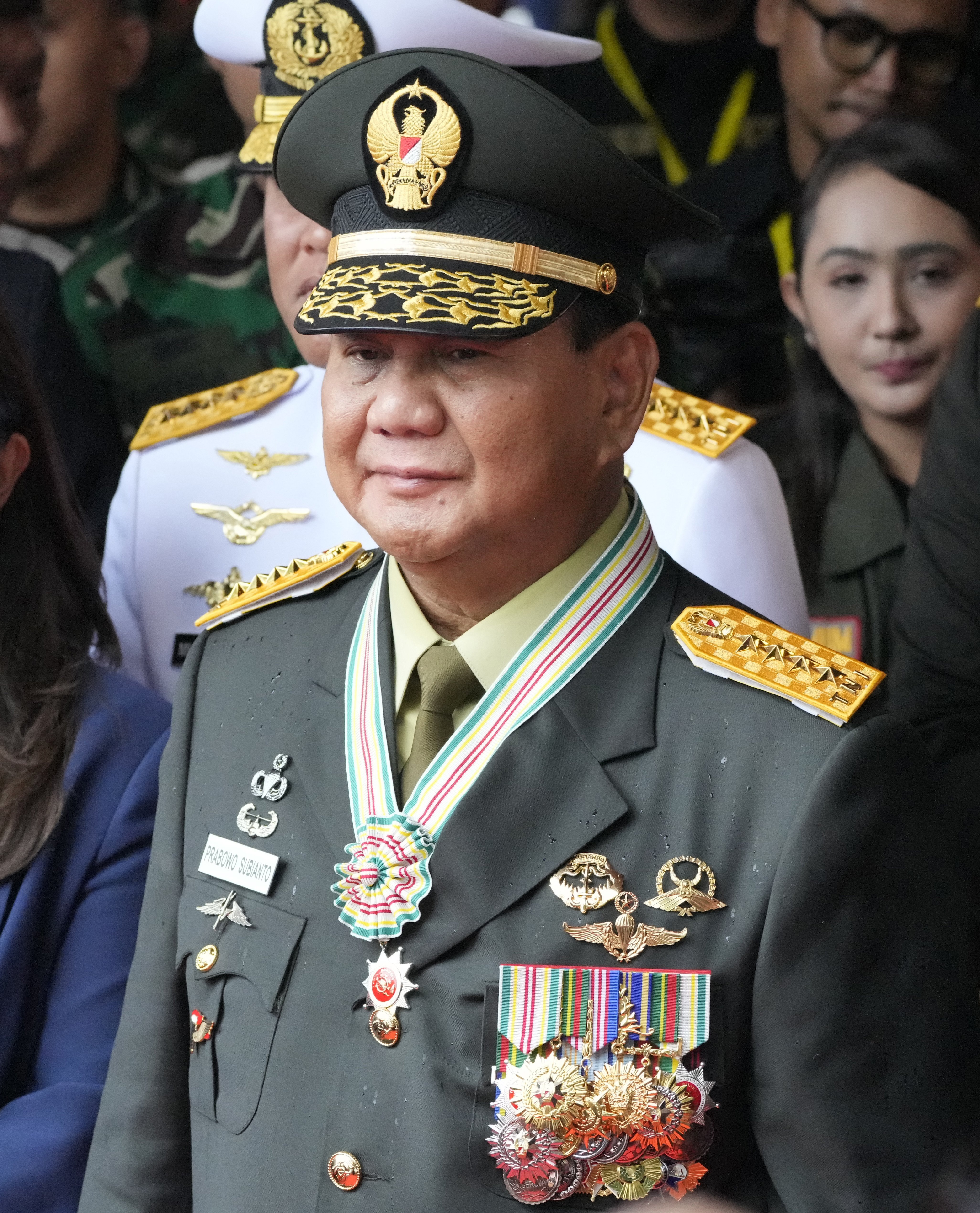 FILE - Indonesian Defense Minister Prabowo Subianto pauses after being awarded honorary rank of four-star general by President Joko Widodo during a ceremony at the Armed Forces Headquarters in Jakarta, Indonesia, Wednesday, Feb. 28, 2024. (AP Photo/Achmad Ibrahim, File)