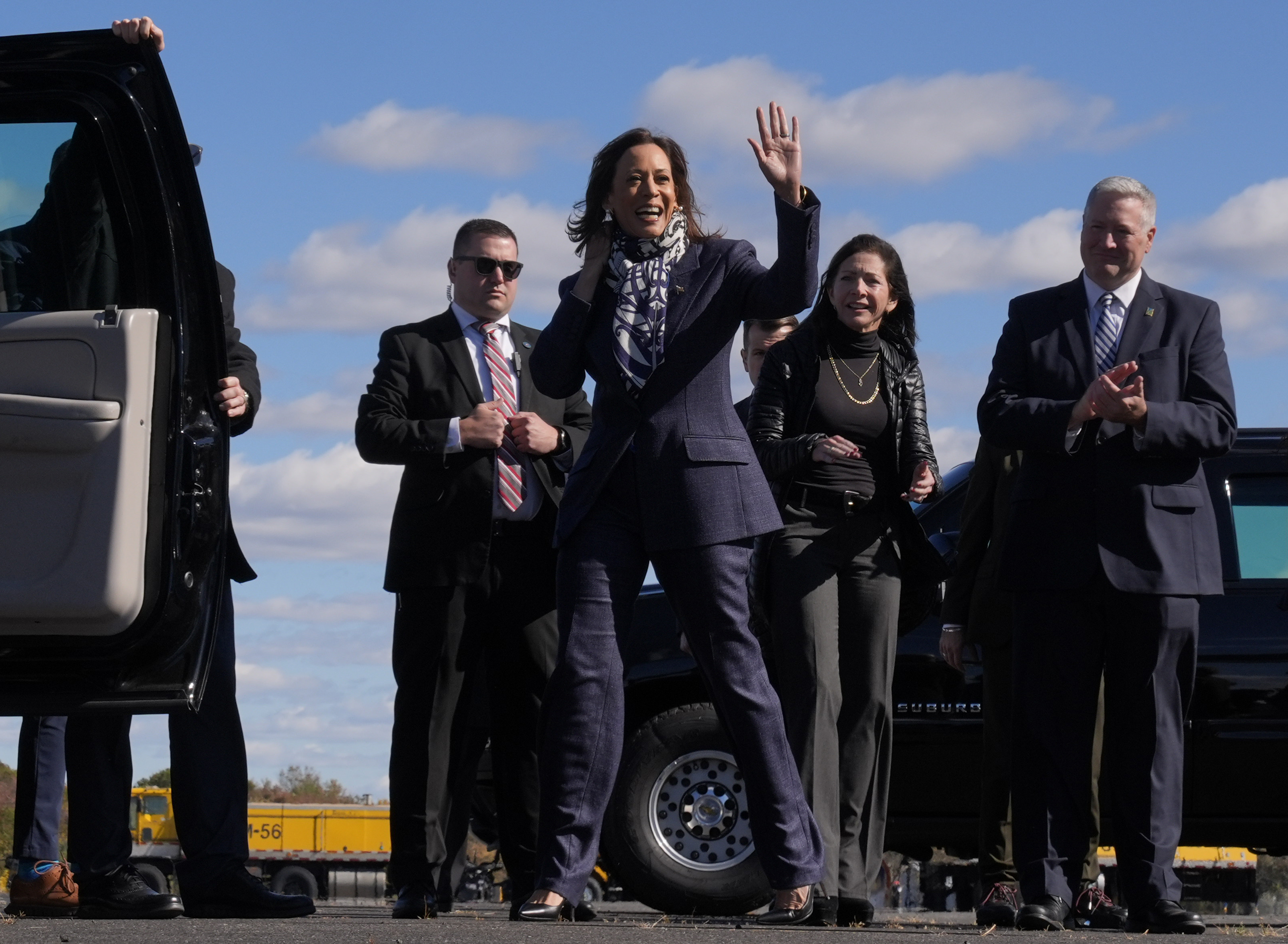 FILE - Democratic presidential nominee Vice President Kamala Harris, arrives at Trenton-Mercer Airport, in Mercer County, New Jersey, Oct. 16, 2024, en route to a campaign rally in Pennsylvania. (AP Photo/Jacquelyn Martin, file)