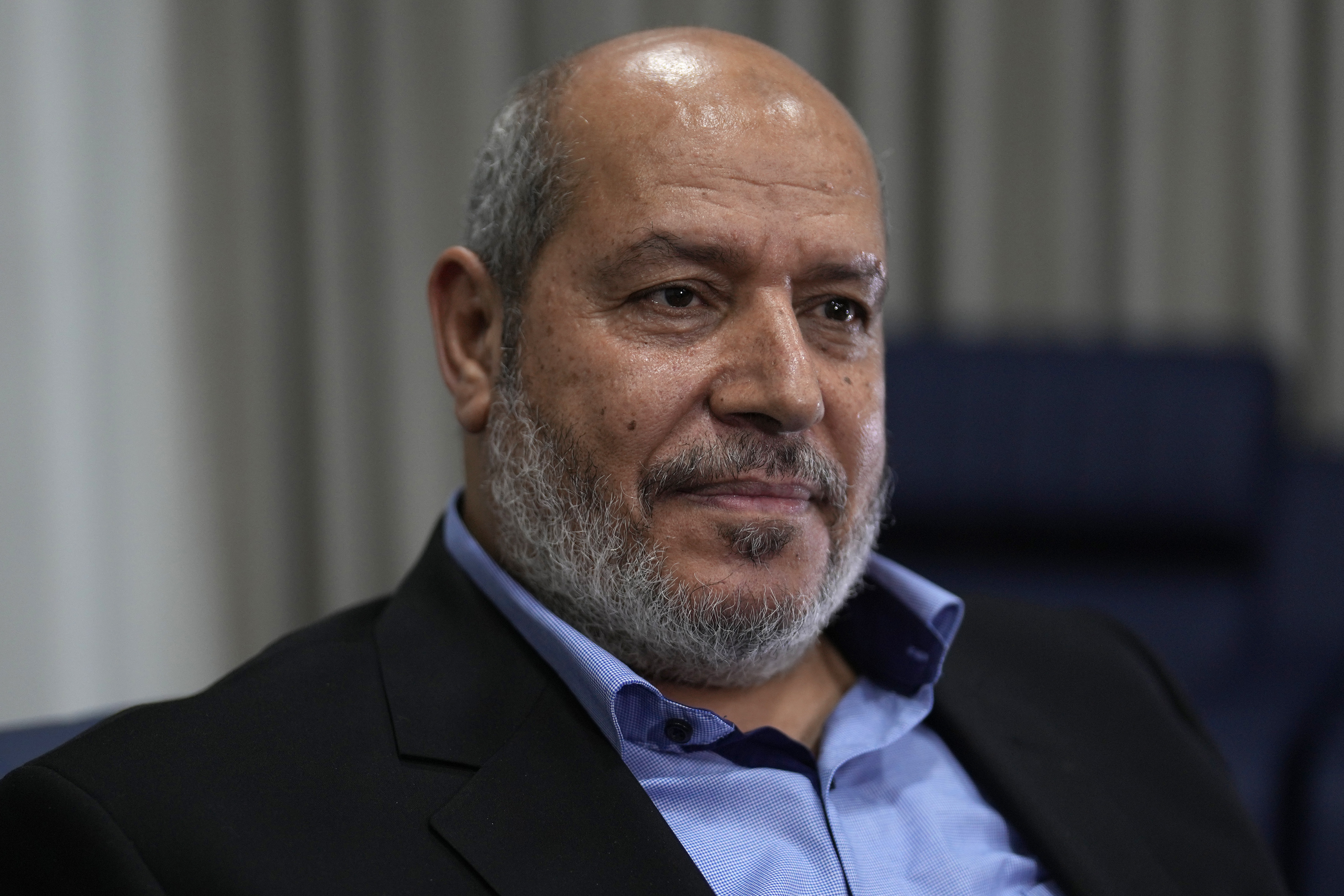 FILE - Khalil al-Hayya, a high-ranking Hamas official who has represented the Palestinian militant group in negotiations for a cease-fire and hostage exchange deal, speaks during an interview with The Associated Press in Istanbul, Turkey, April 24, 2024. (AP Photo/Khalil Hamra)