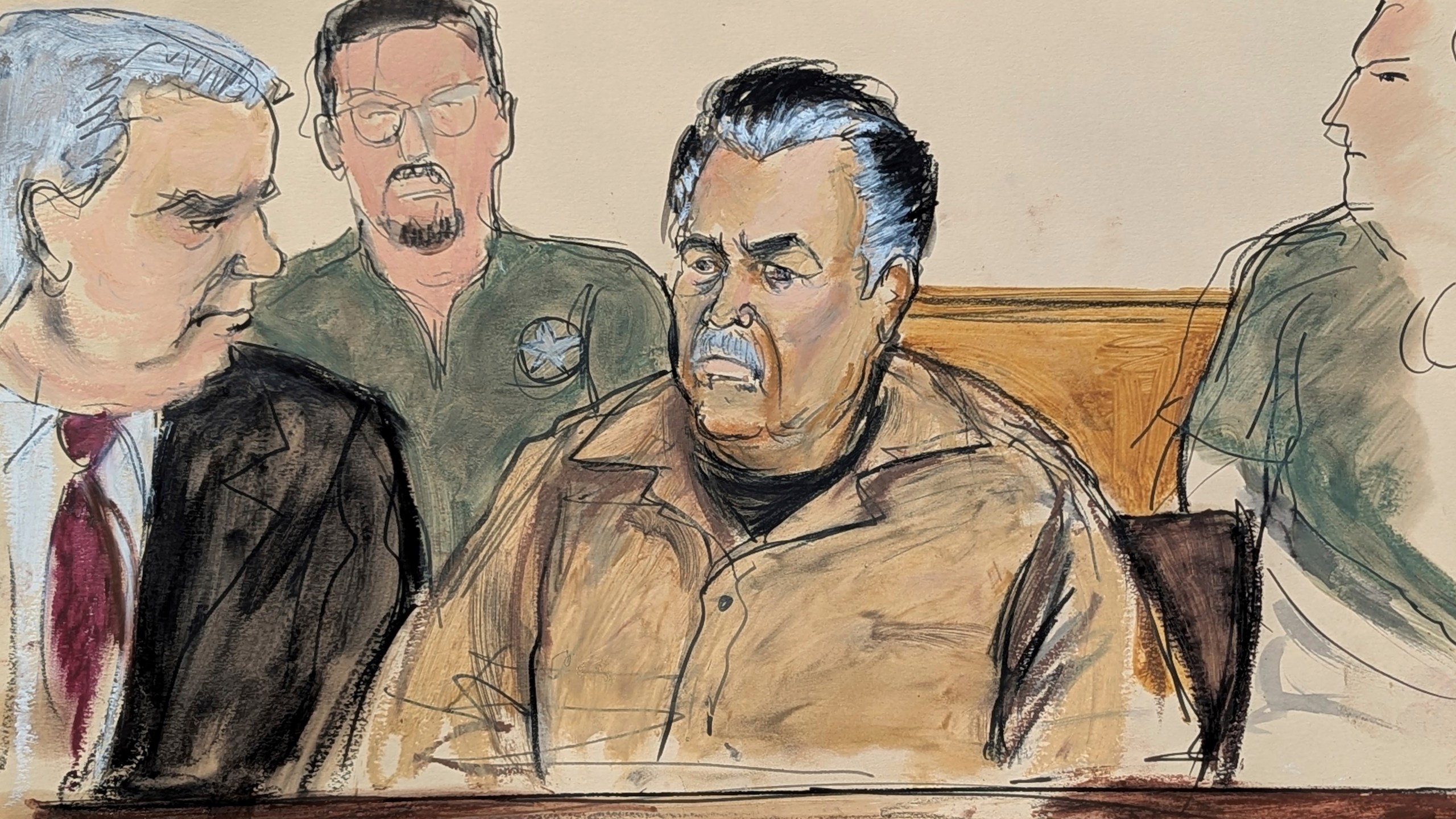 FILE - In this courtroom sketch, Ismael “El Mayo” Zambada, center, is seated beside his defense attorney Frank Perez, left, in federal court in the Brooklyn borough of New York, Sept. 13, 2024. (Elizabeth Williams via AP, File)