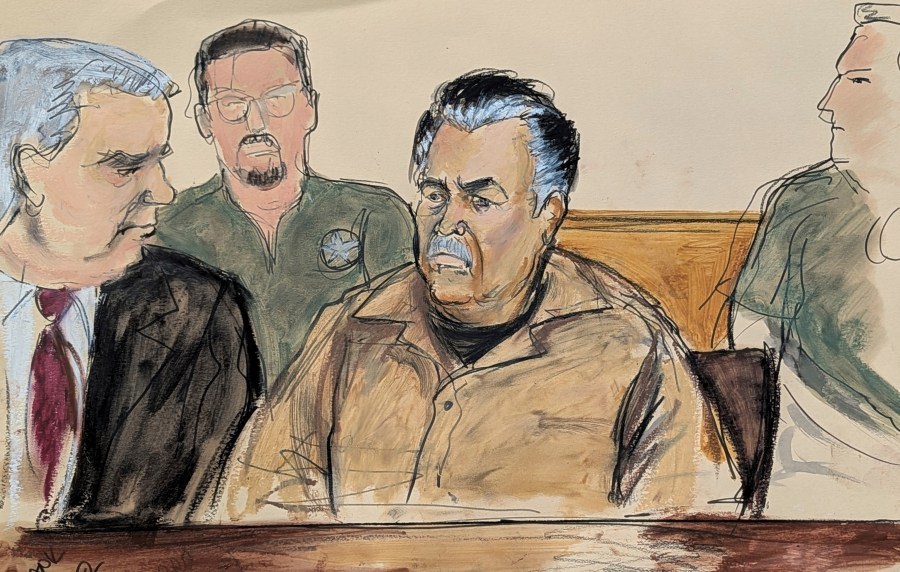 FILE - In this courtroom sketch, Ismael “El Mayo” Zambada, center, is seated beside his defense attorney Frank Perez, left, in federal court in the Brooklyn borough of New York, Sept. 13, 2024. (Elizabeth Williams via AP, File)