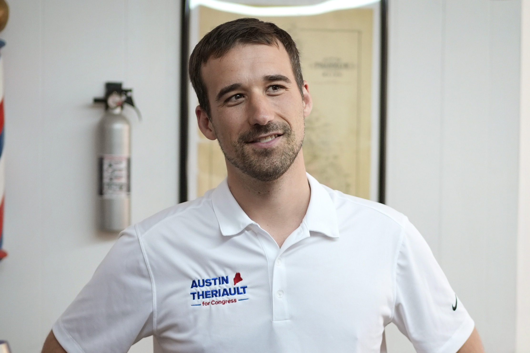 FILE - State Rep. Austin Theriault, R-Fort Kent, campaigns for Maine's 2nd Congressional District, June 5, 2024, in Farmington, Maine. (AP Photo/Robert F. Bukaty, File)