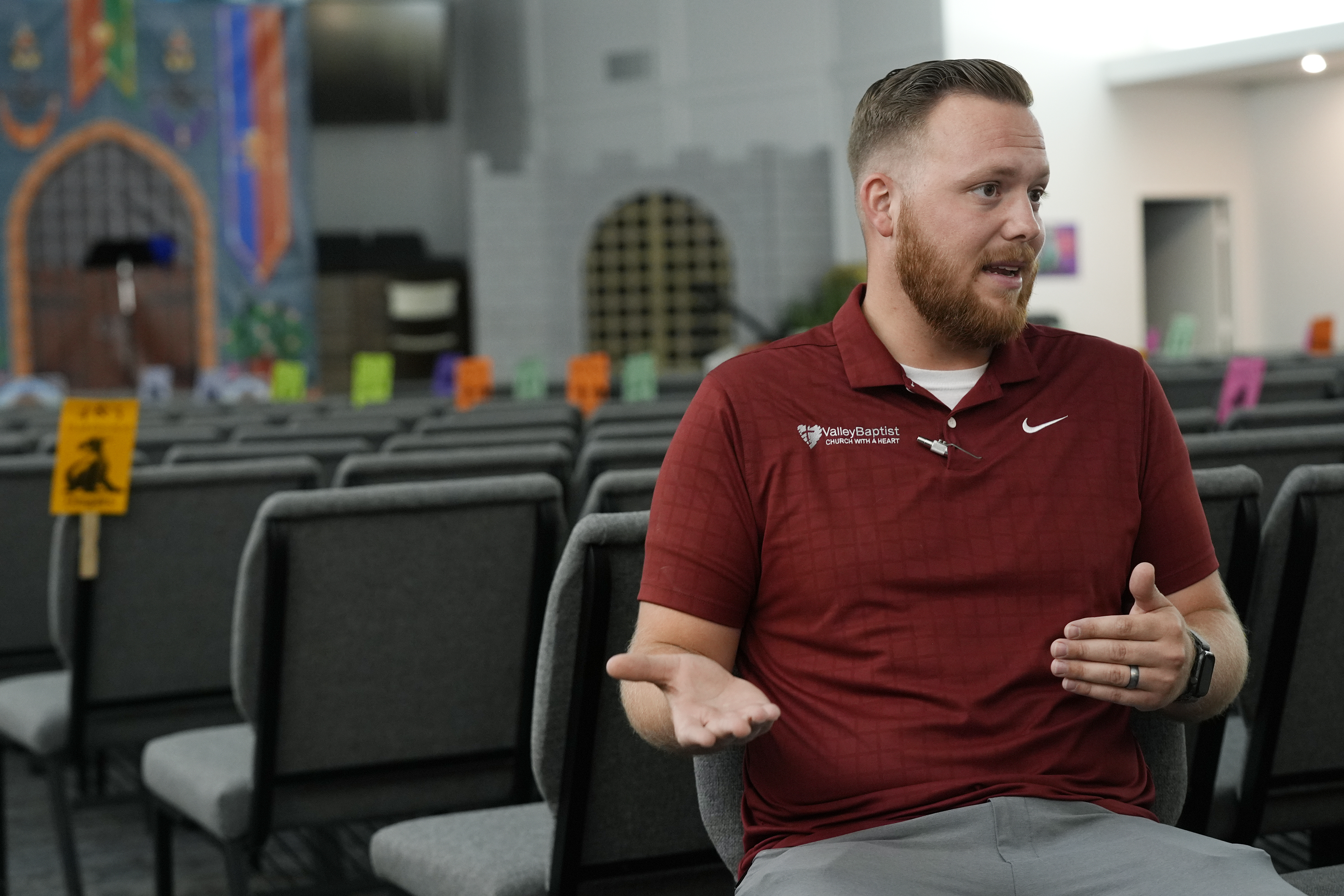 Trevor Cowling talks about his family, the economy and the election during an interview at Valley Baptist Church, Tuesday, June 18, 2024, in Mesa, Ariz. (AP Photo/Ross D. Franklin)