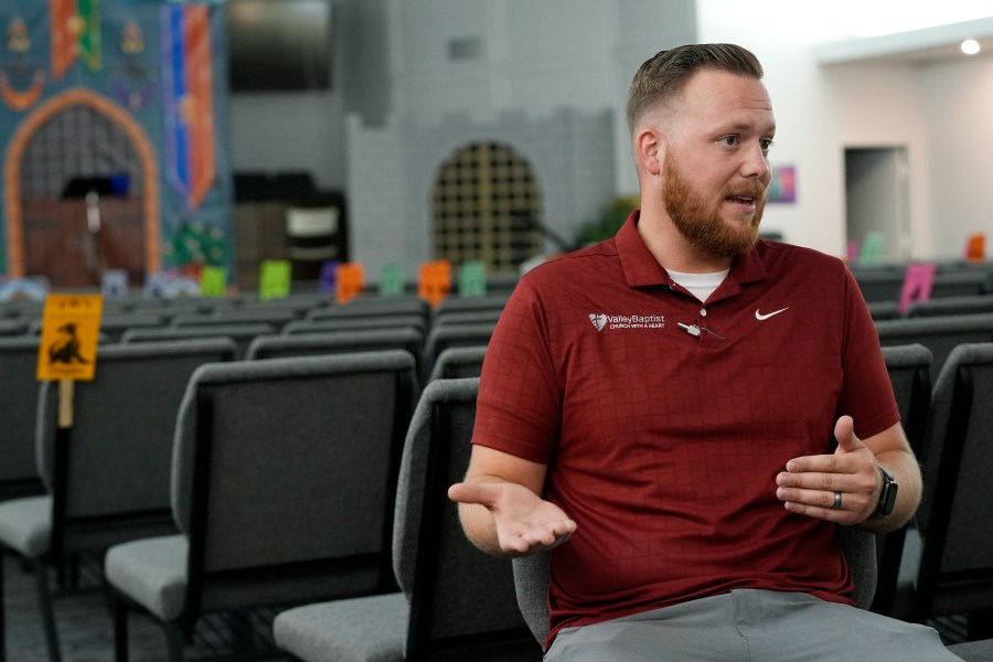 Trevor Cowling talks about his family, the economy and the election during an interview at Valley Baptist Church, Tuesday, June 18, 2024, in Mesa, Ariz. (AP Photo/Ross D. Franklin)