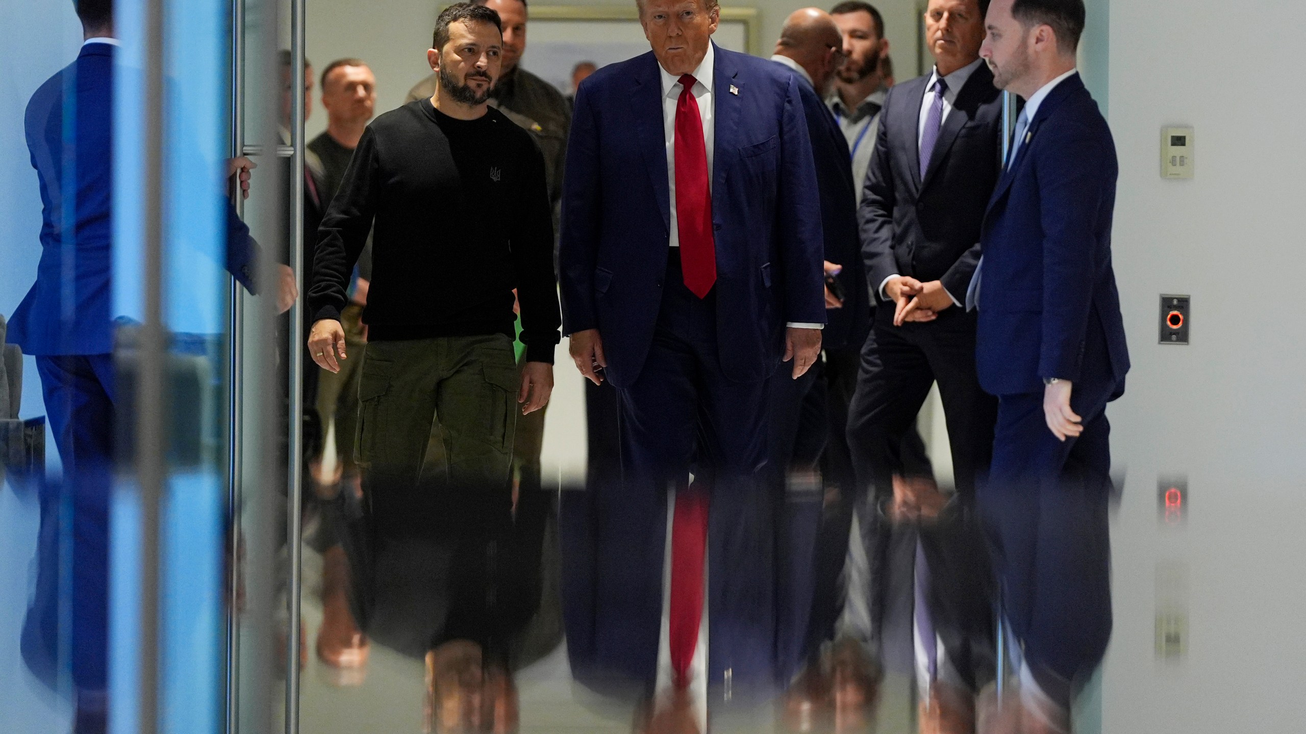 FILE - Republican presidential nominee former President Donald Trump meets with Ukraine's President Volodymyr Zelenskyy at Trump Tower, Friday, Sept. 27, 2024, in New York. (AP Photo/Julia Demaree Nikhinson, File)