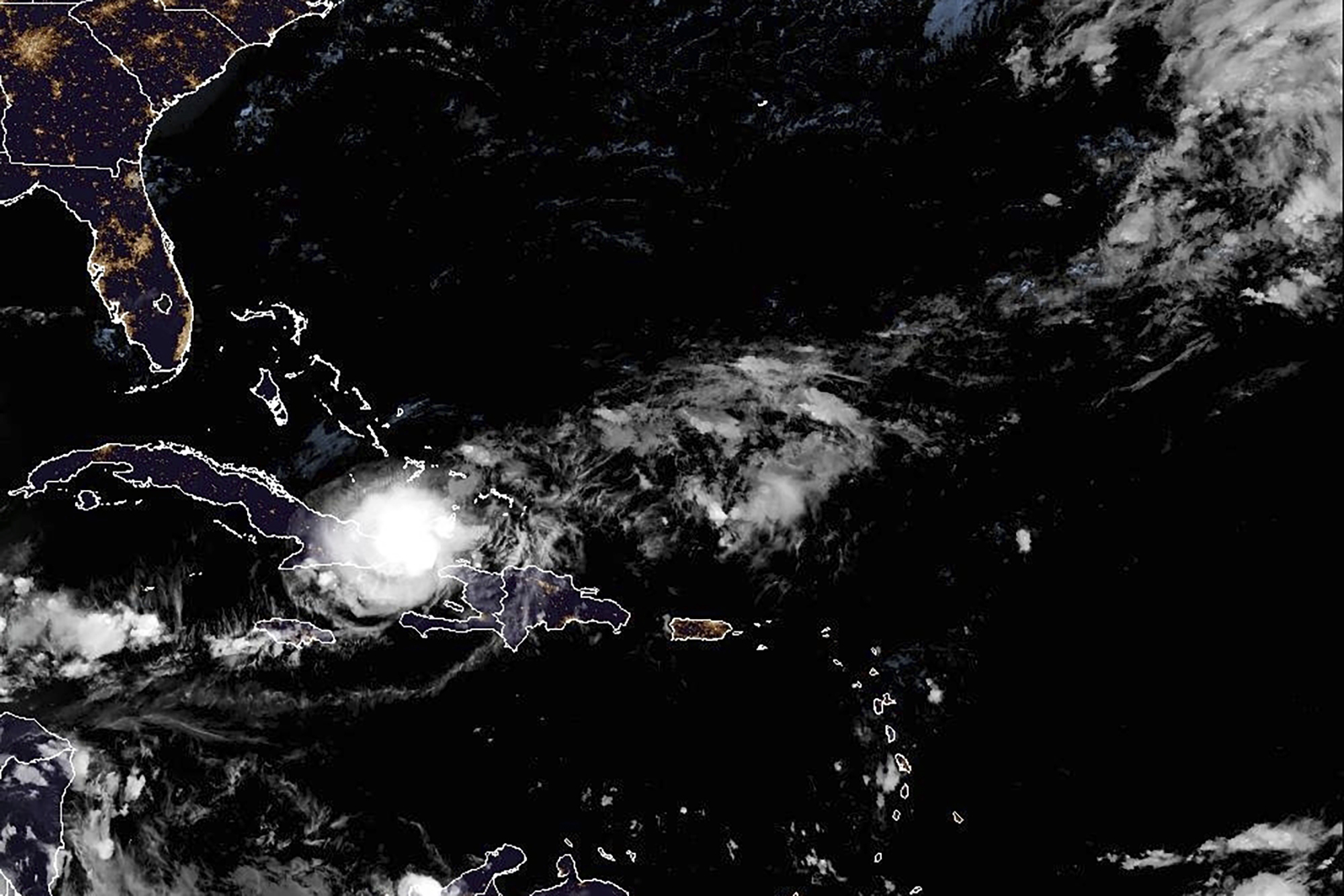 This satellite image from the National Oceanic and Atmospheric Administration taken at 6:40pm ET on Sunday, Oct. 20, 2024, shows Hurricane Oscar. (NOAA via AP)