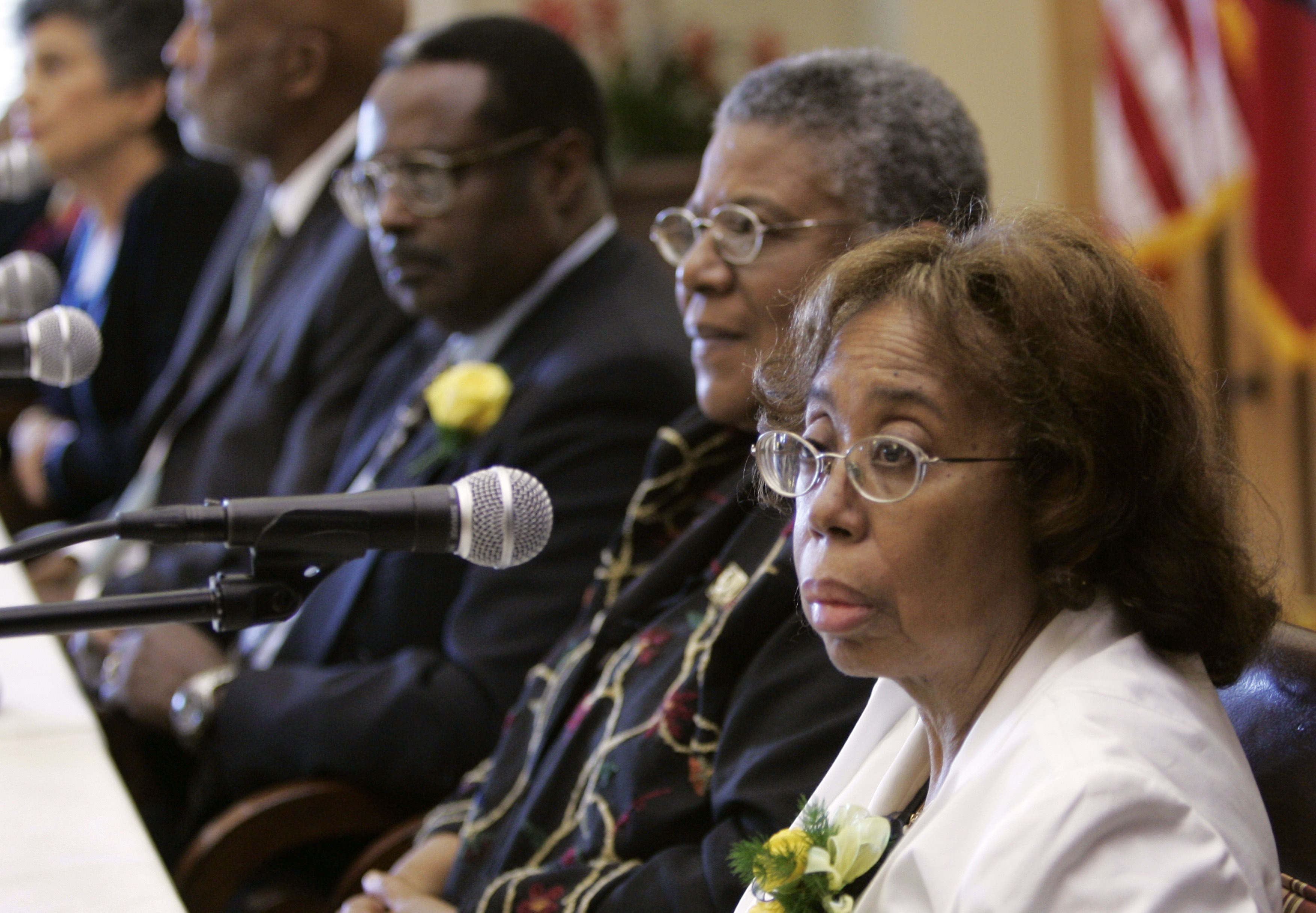 FILE - Thelma Mothershed Wair, right, speaks at a news conference in Little Rock, Ark., Sept. 23, 2007, as Carlotta Walls LaNier, from left, Terrence Roberts, Jefferson Thomas, and Minnijean Brown Trickey, members of the Little Rock Nine who in 1957 integrated Little Rock Central High School, look on. (AP Photo/Danny Johnston, File)