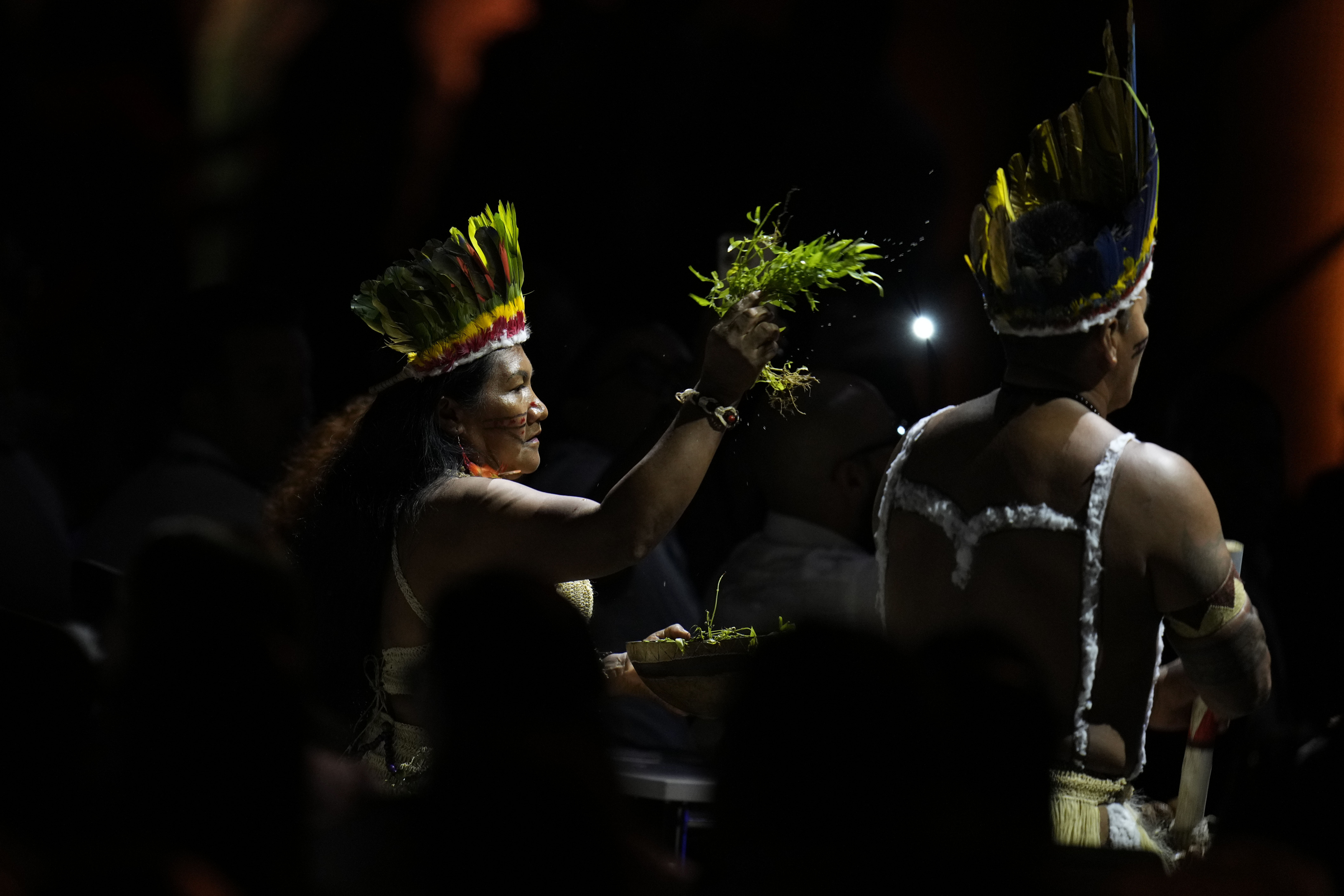 Wayuu Indigenous Colombians perform during the opening ceremony of COP16, a United Nations' biodiversity conference, in Cali, Colombia, Sunday, Oct. 20, 2024. (AP Photo/Fernando Vergara)