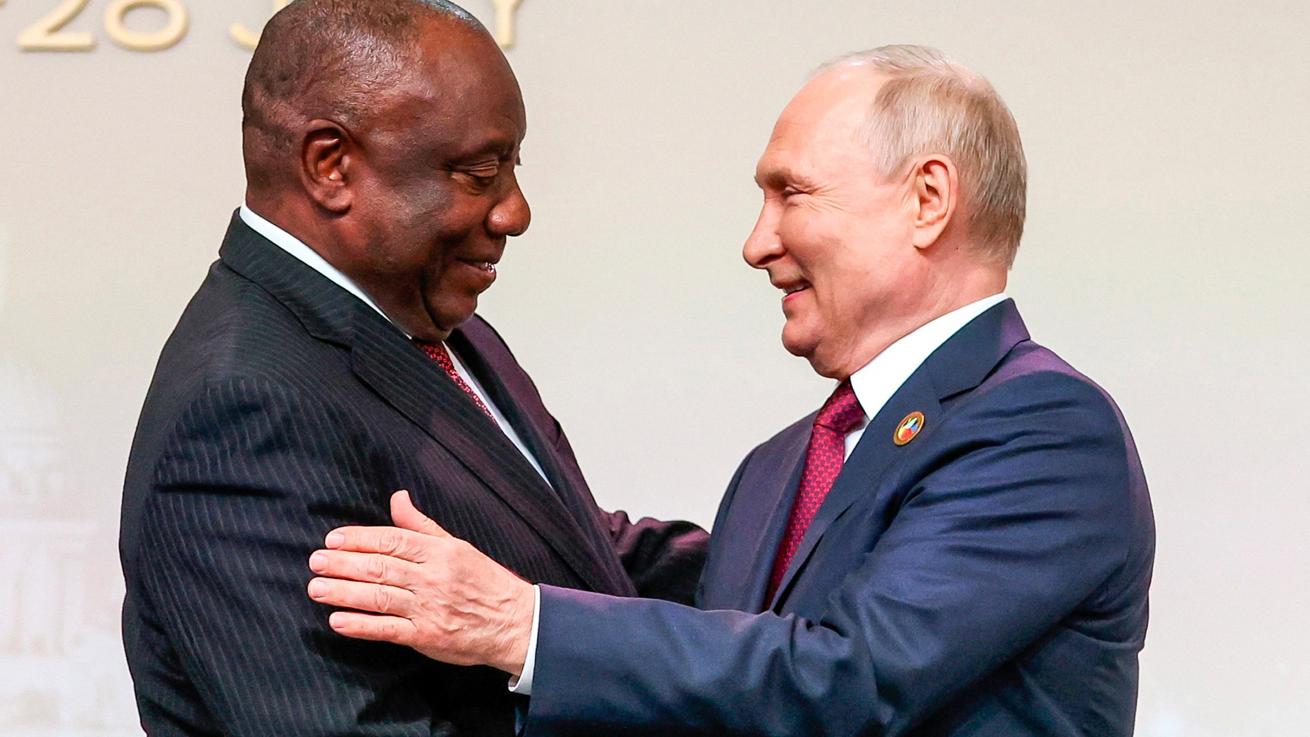 FILE – South African President Cyril Ramaphosa, left, and Russian President Vladimir Putin shake hands in St. Petersburg, Russia, on Thursday, July 27, 2023. (Sergei Bobylev/TASS Host Photo Agency Pool Photo via AP, File)