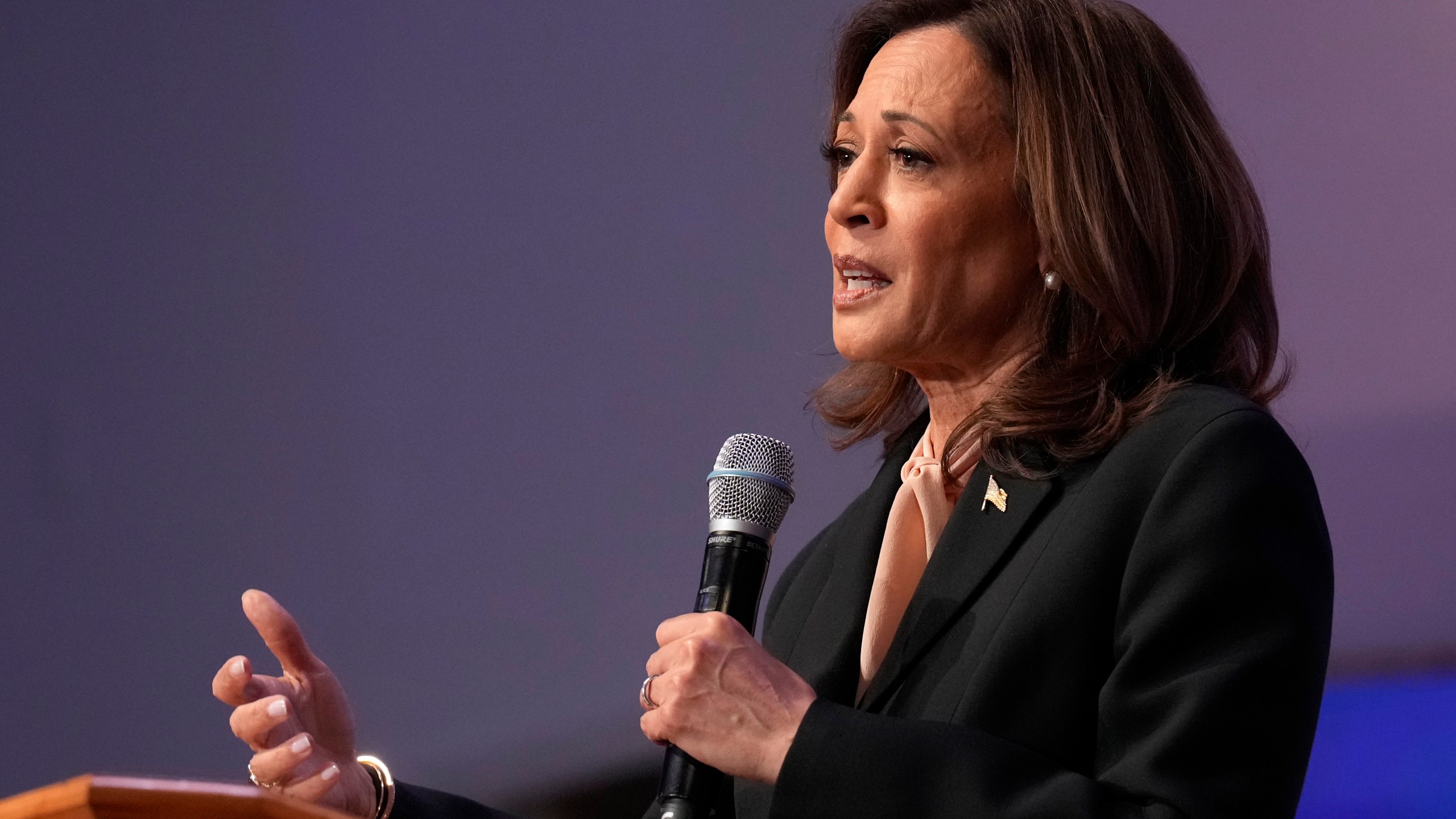 Democratic presidential nominee Vice President Kamala Harris speaks during a church service and early vote event at Divine Faith Ministries International, Sunday, Oct. 20, 2024, in Jonesboro, Ga. (AP Photo/Jacquelyn Martin)